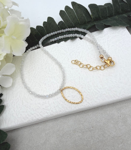 Necklace with Tiny, Moonstone Beads and a Gold Filled Textured Oval Loop Drop GCDN-203