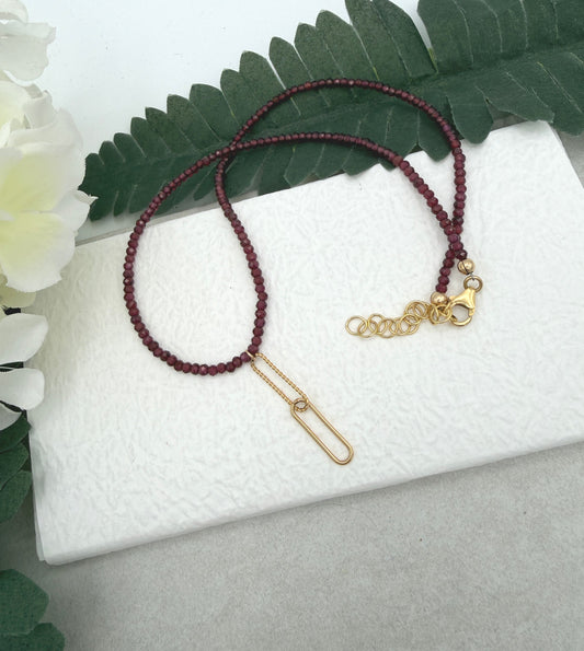 Necklace with Tiny, Garnet Beads and a Gold Filled Paperclip Loop Drop GCDN-204