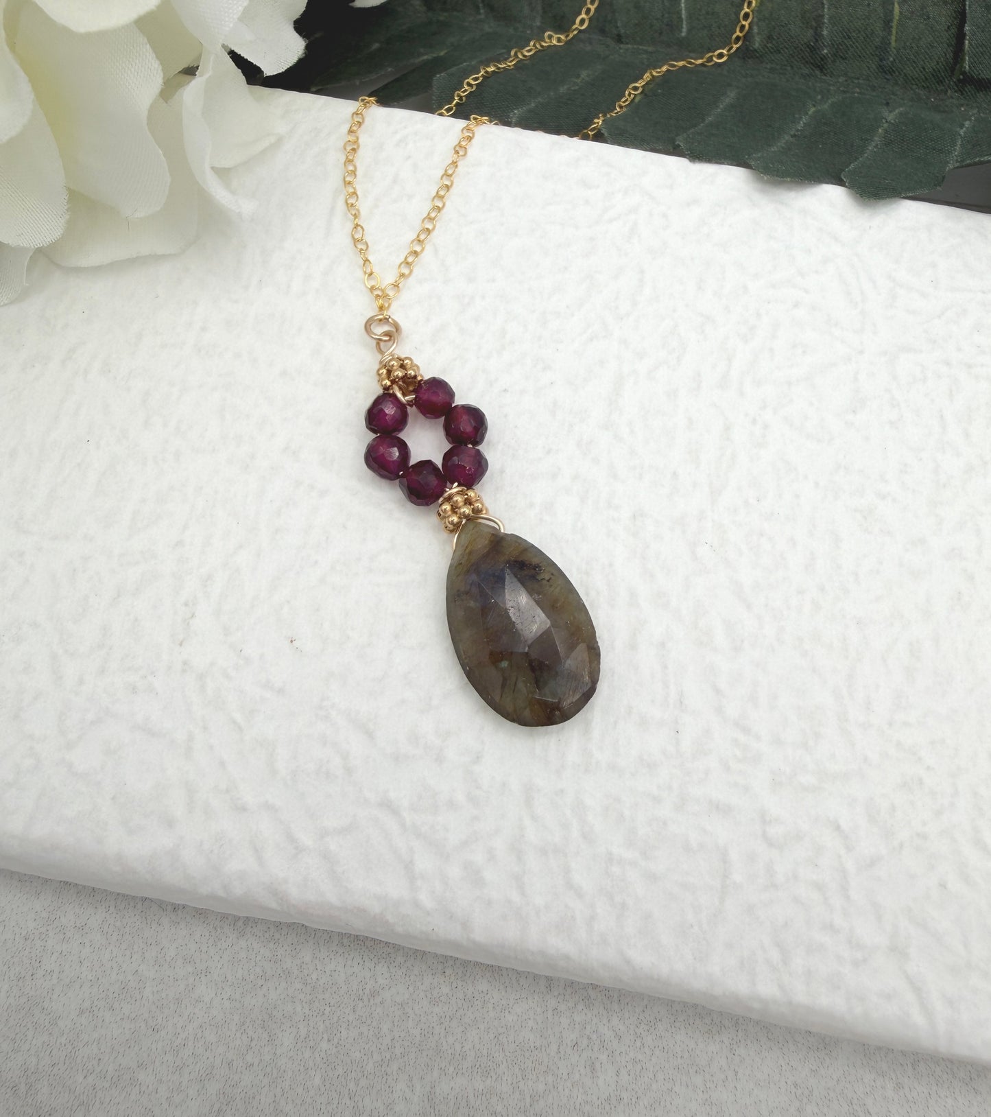 Necklace with Faceted Garnet and a Labradorite Teardrop Wire Wrapped with Gold Filled Wire GCDN-211