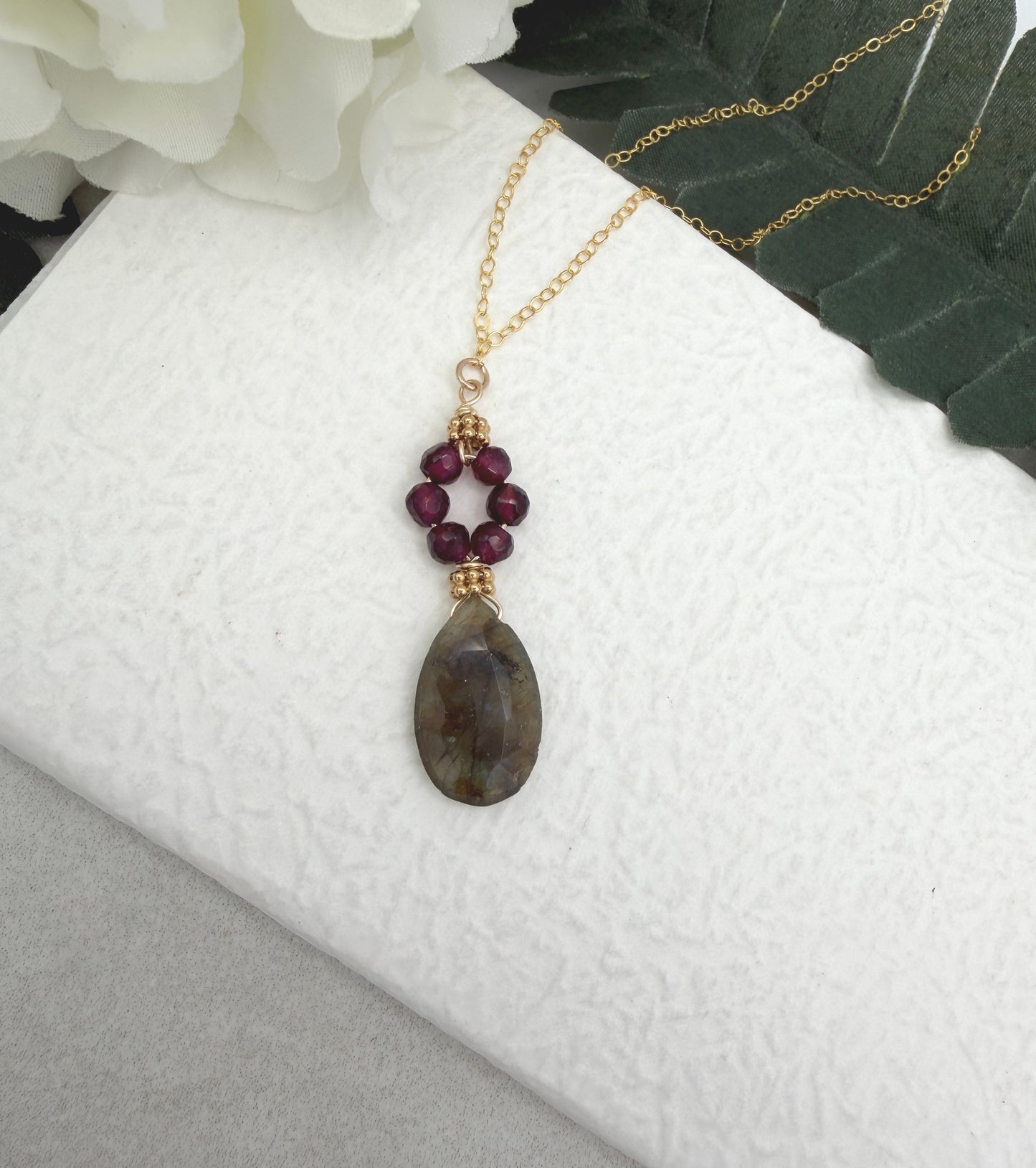Necklace with Faceted Garnet and a Labradorite Teardrop Wire Wrapped with Gold Filled Wire GCDN-211