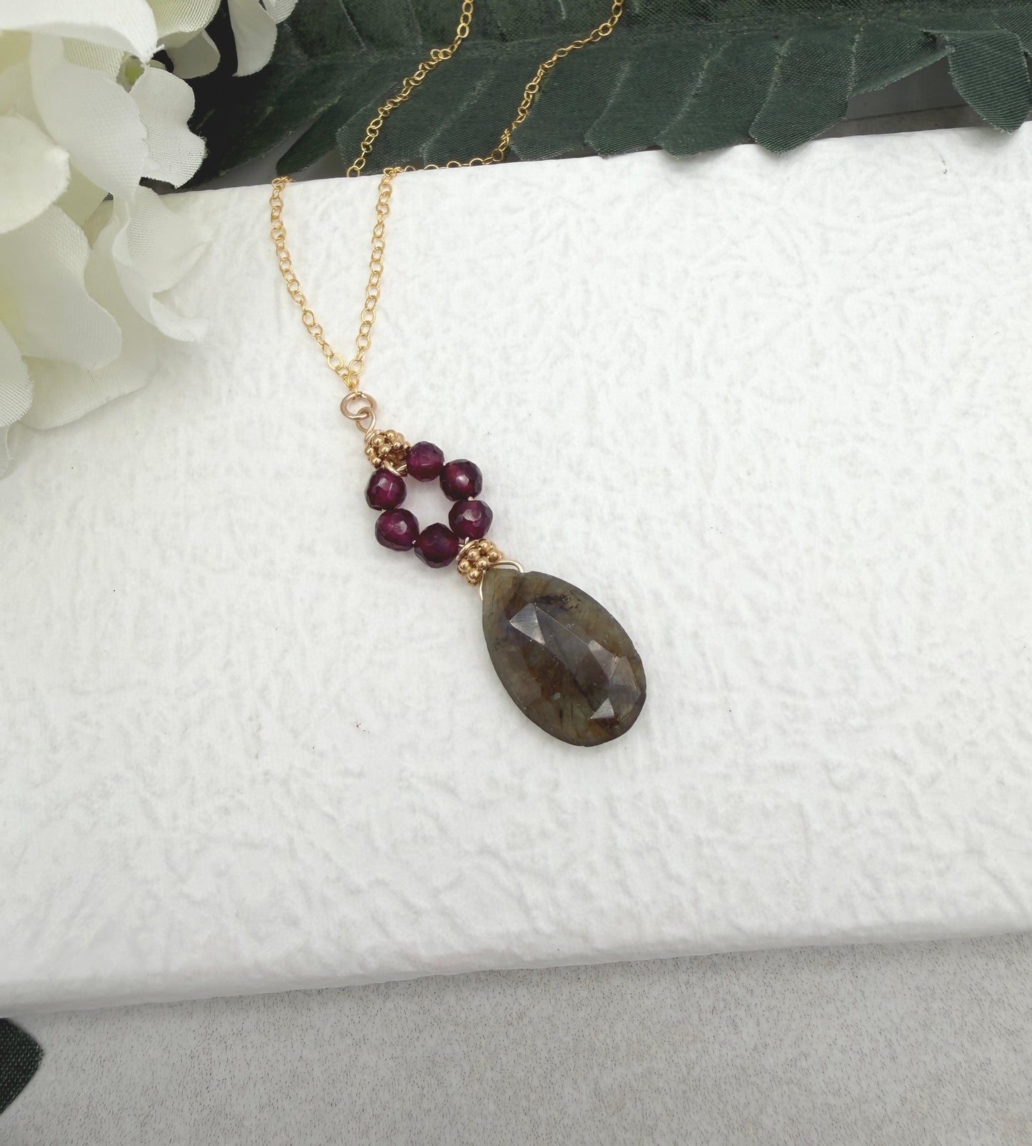 Necklace with Faceted Garnet and a Labradorite Teardrop Wire Wrapped with Gold Filled Wire GCDN-211