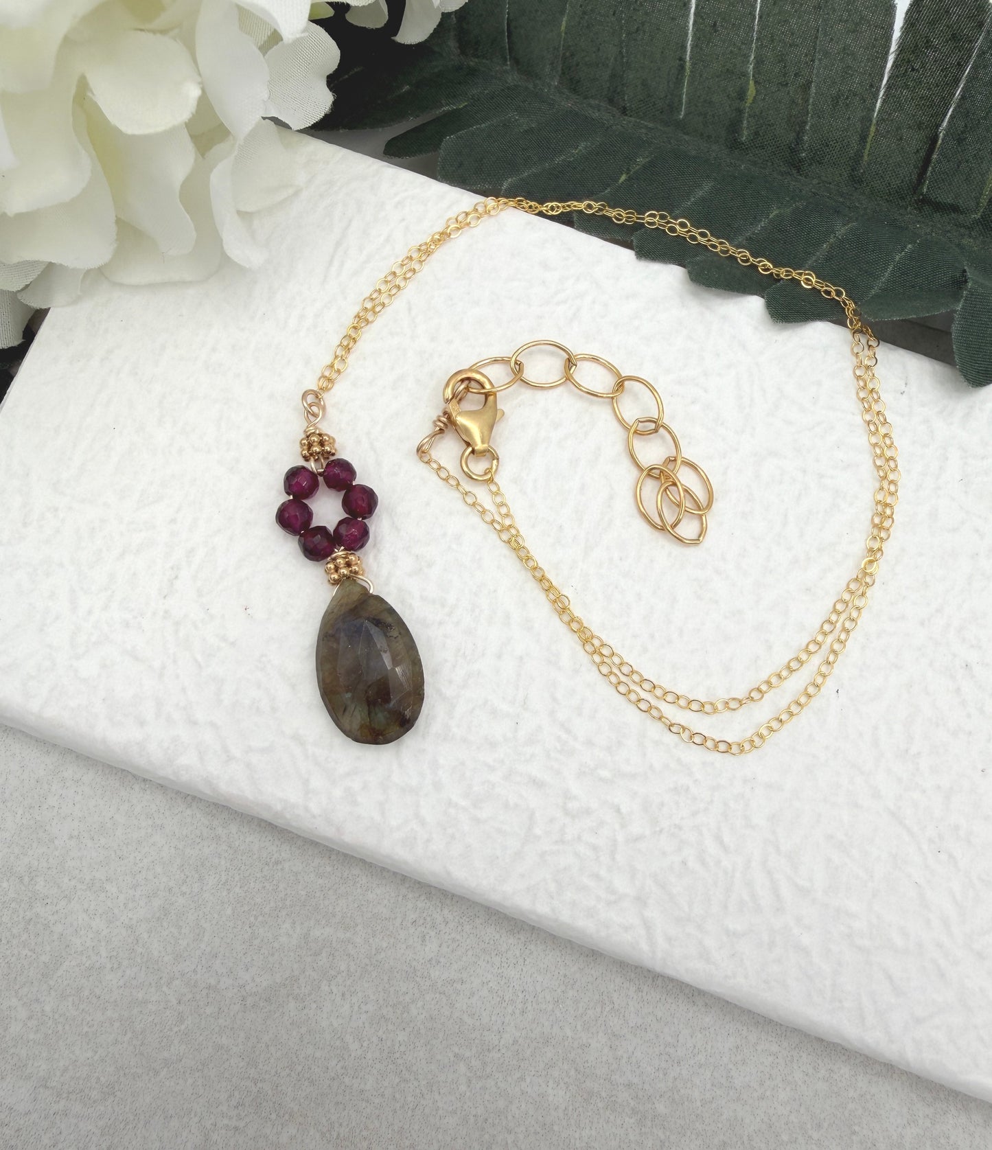 Necklace with Faceted Garnet and a Labradorite Teardrop Wire Wrapped with Gold Filled Wire GCDN-211
