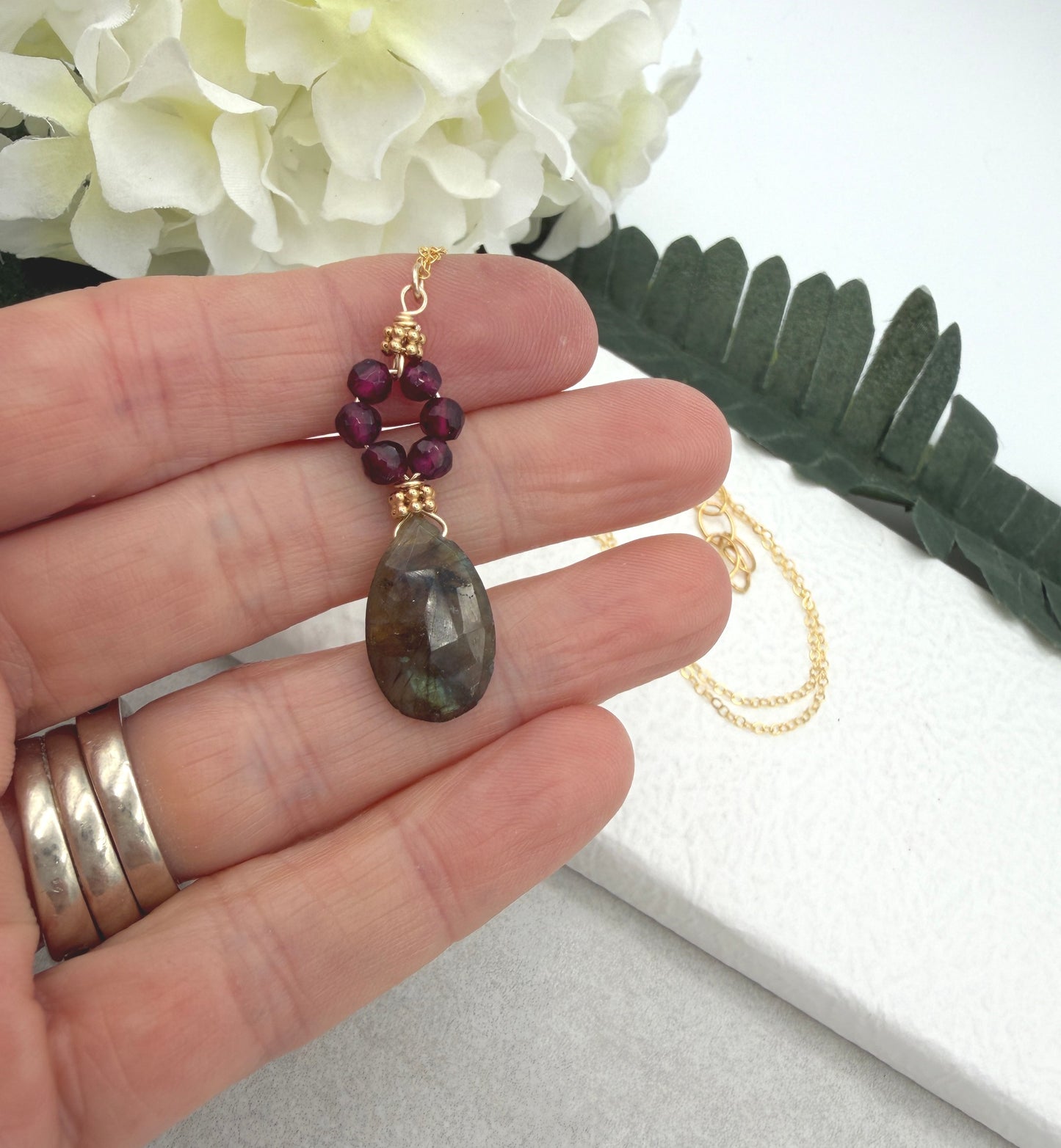 Necklace with Faceted Garnet and a Labradorite Teardrop Wire Wrapped with Gold Filled Wire GCDN-211