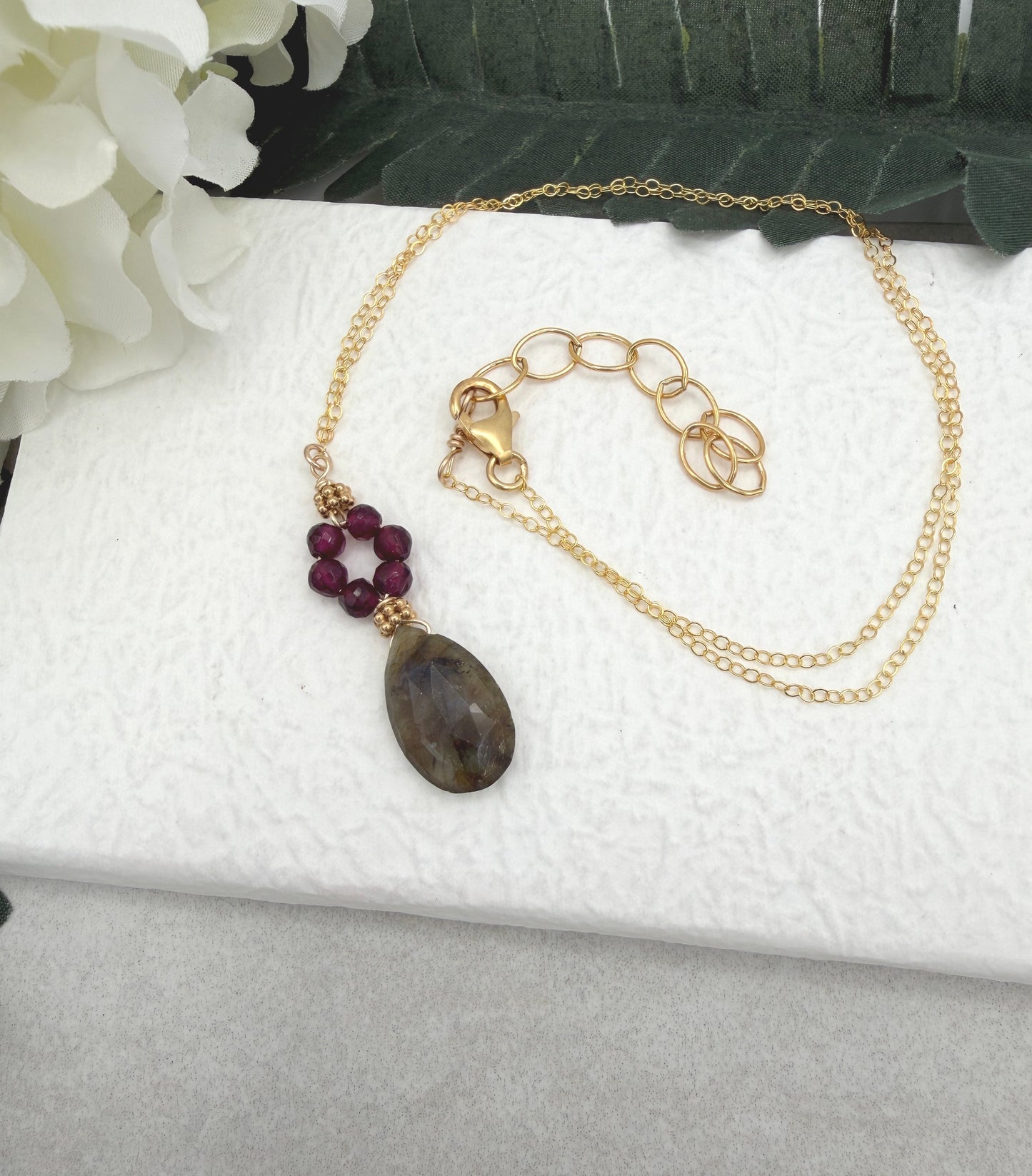 Necklace with Faceted Garnet and a Labradorite Teardrop Wire Wrapped with Gold Filled Wire GCDN-211