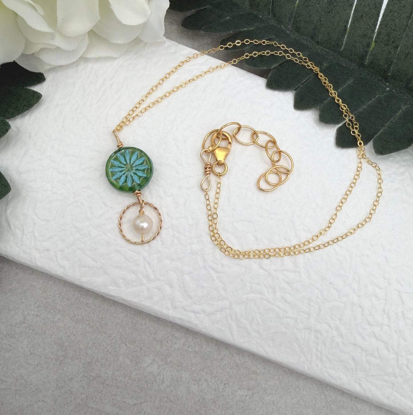 Necklace with a Blue Green Czech Glass Flower Bead, Braided Gold Filled Loop and Pearl GCDN-214