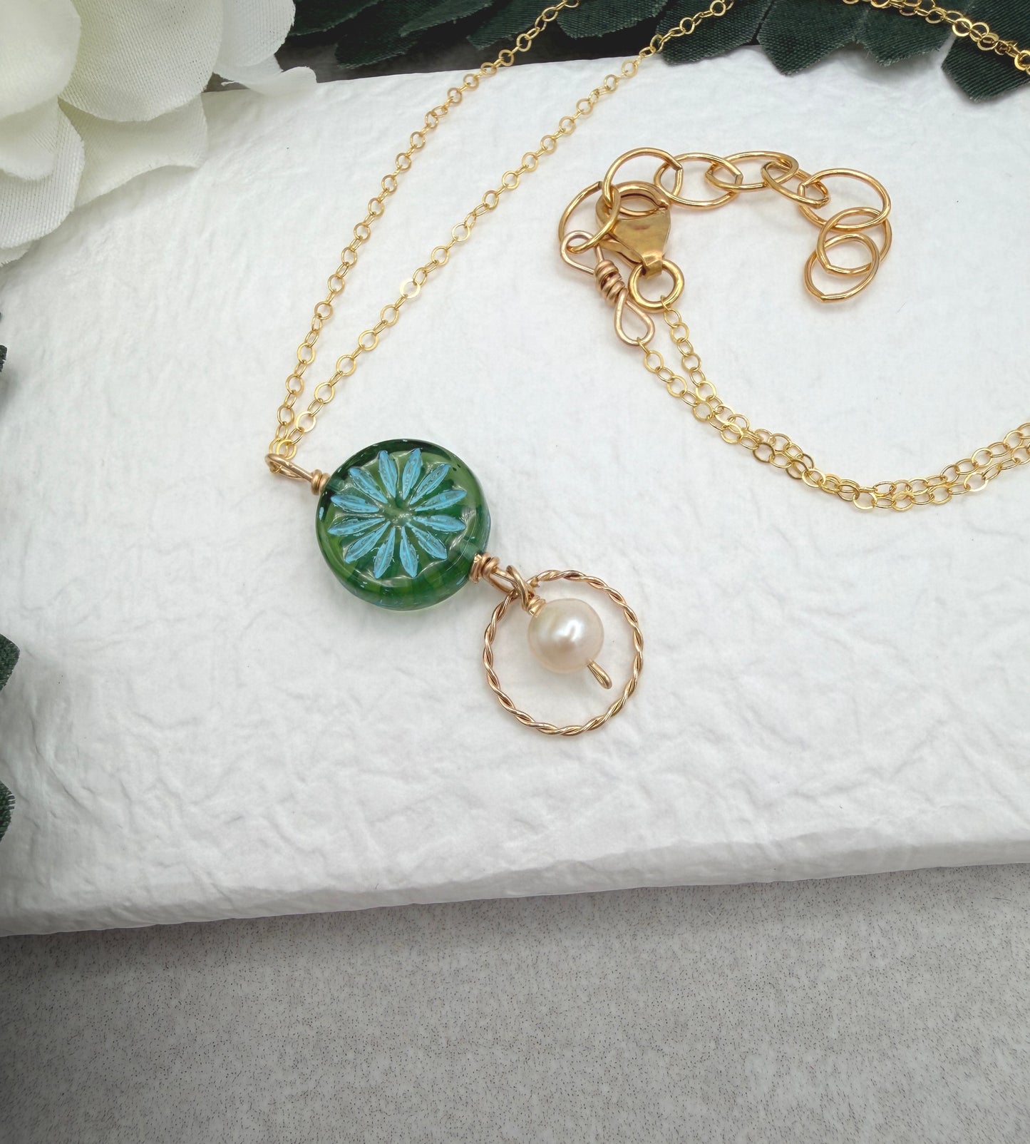 Necklace with a Blue Green Czech Glass Flower Bead, Braided Gold Filled Loop and Pearl GCDN-214