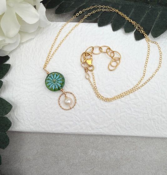 Necklace with a Blue Green Czech Glass Flower Bead, Braided Gold Filled Loop and Pearl GCDN-214