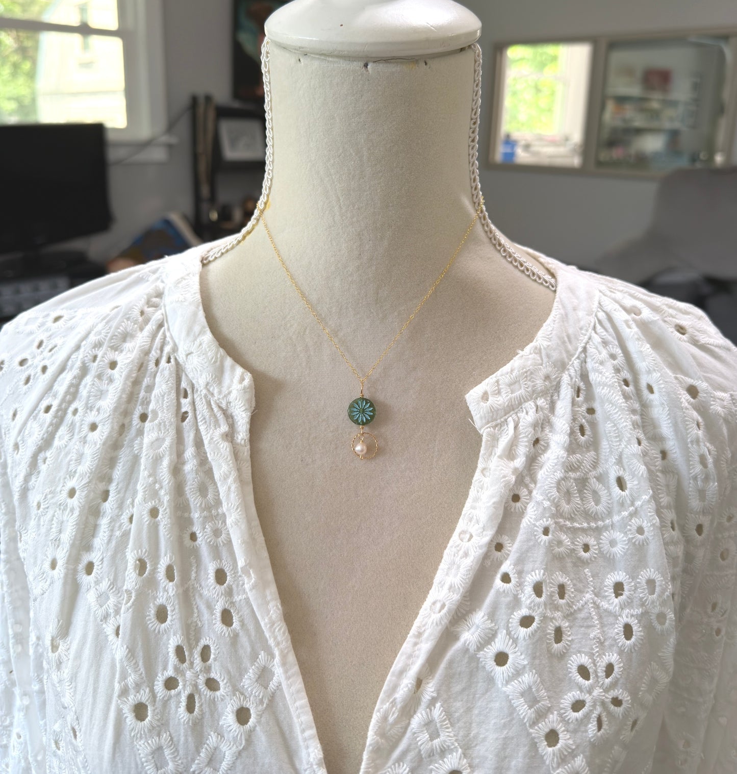 Necklace with a Blue Green Czech Glass Flower Bead, Braided Gold Filled Loop and Pearl GCDN-214