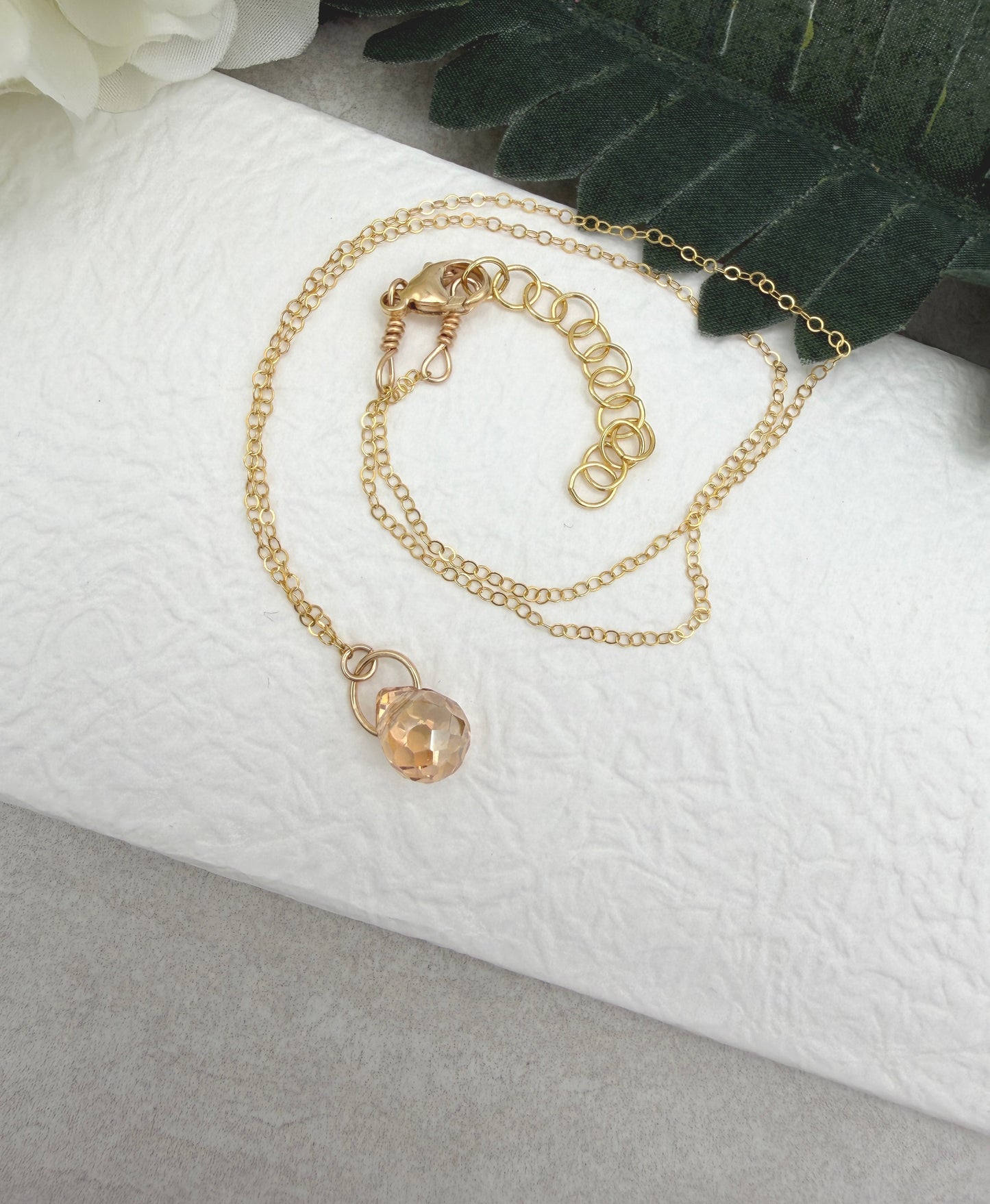 Necklace with a Gold Crystal Teardrop on a Gold Filled Loop and Gold Filled Chain GCDN-215