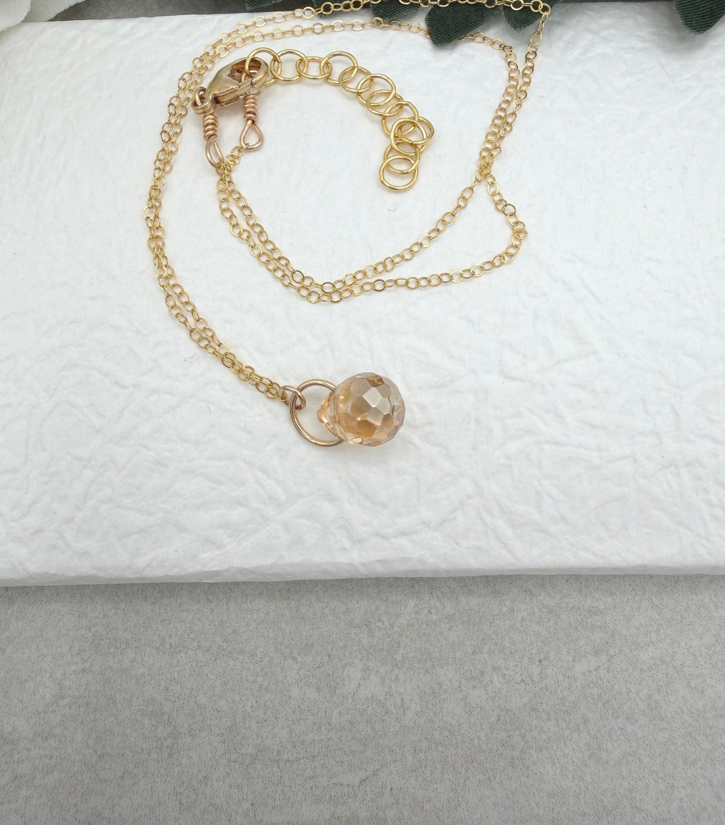 Necklace with a Gold Crystal Teardrop on a Gold Filled Loop and Gold Filled Chain GCDN-215