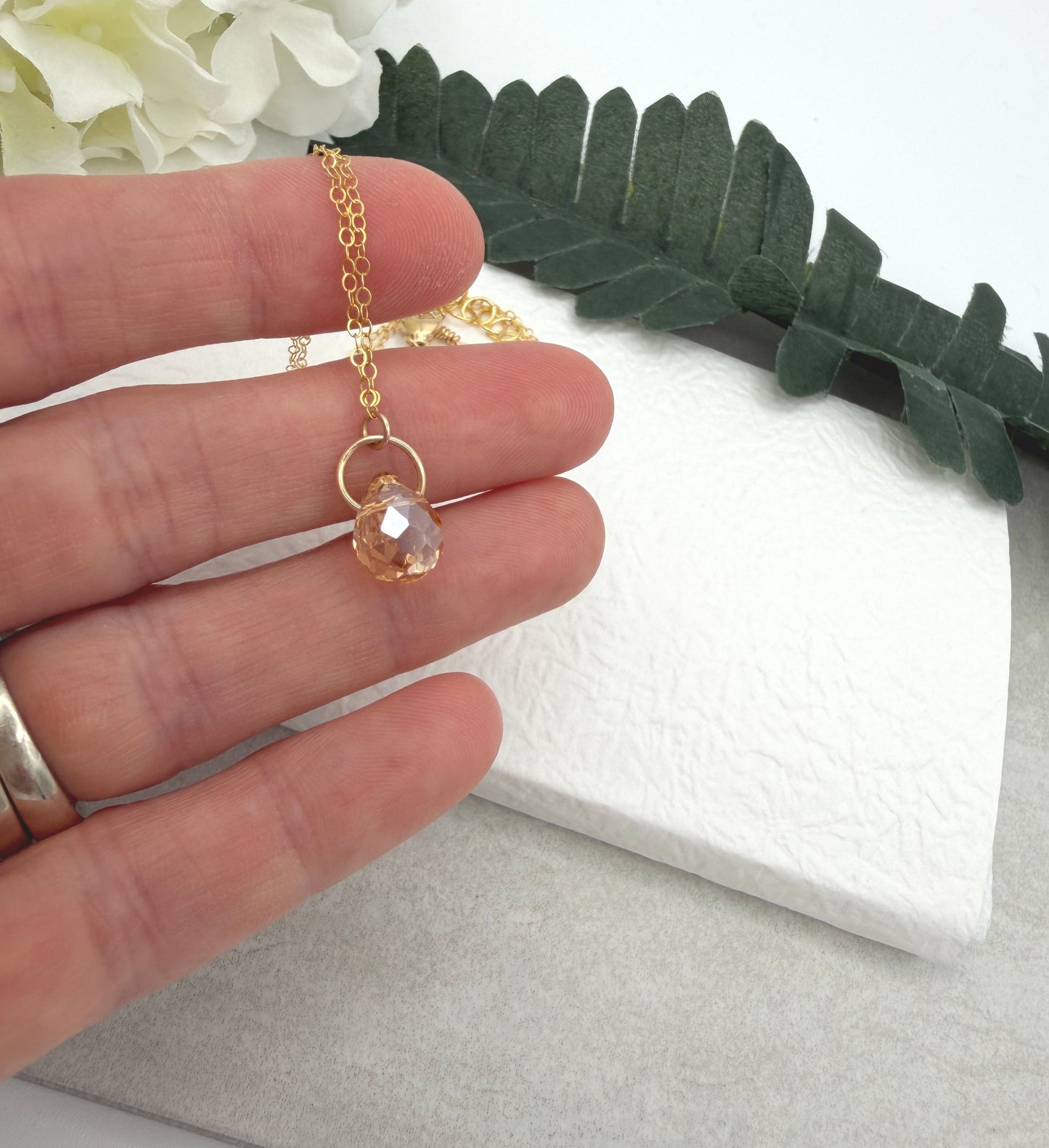 Necklace with a Gold Crystal Teardrop on a Gold Filled Loop and Gold Filled Chain GCDN-215