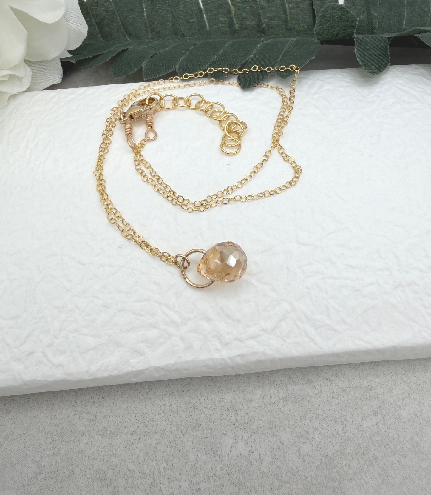 Necklace with a Gold Crystal Teardrop on a Gold Filled Loop and Gold Filled Chain GCDN-215