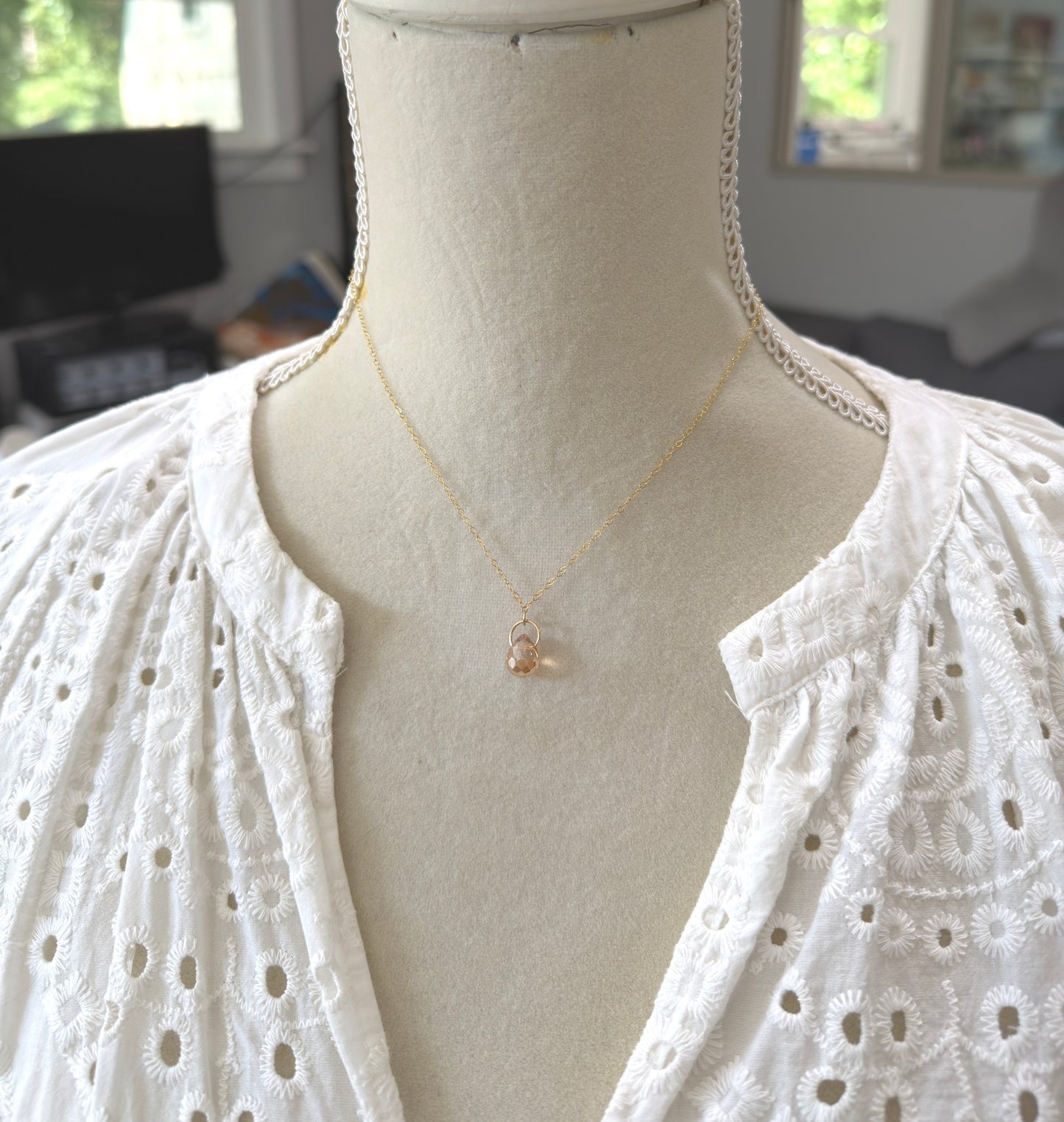 Necklace with a Gold Crystal Teardrop on a Gold Filled Loop and Gold Filled Chain GCDN-215