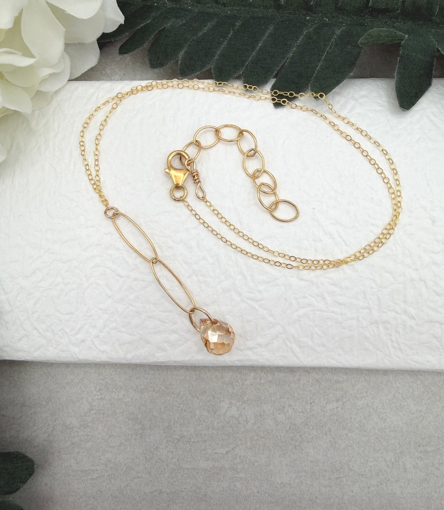 Necklace with a Gold Crystal Teardrop on a Gold Filled Oval Chain and Gold Filled Cable Chain GCDN-216