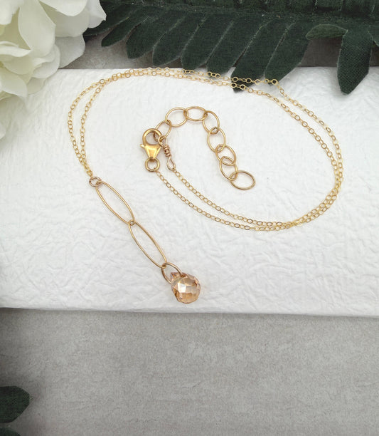 Necklace with a Gold Crystal Teardrop on a Gold Filled Oval Chain and Gold Filled Cable Chain GCDN-216