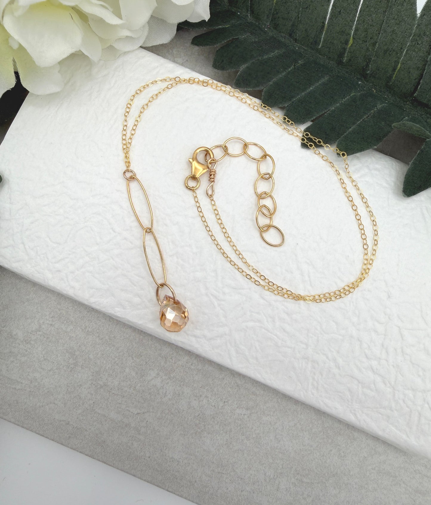Necklace with a Gold Crystal Teardrop on a Gold Filled Oval Chain and Gold Filled Cable Chain GCDN-216