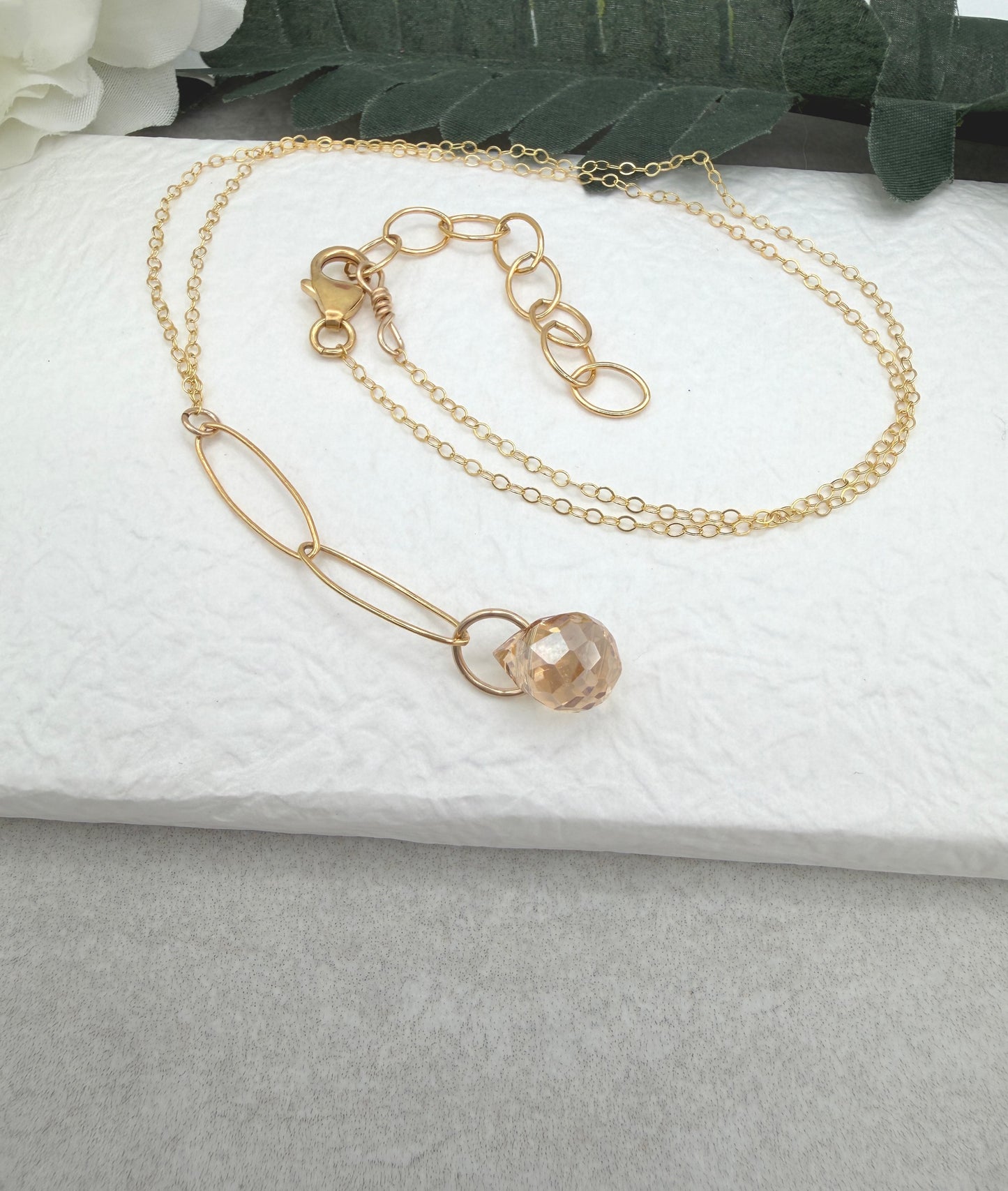 Necklace with a Gold Crystal Teardrop on a Gold Filled Oval Chain and Gold Filled Cable Chain GCDN-216