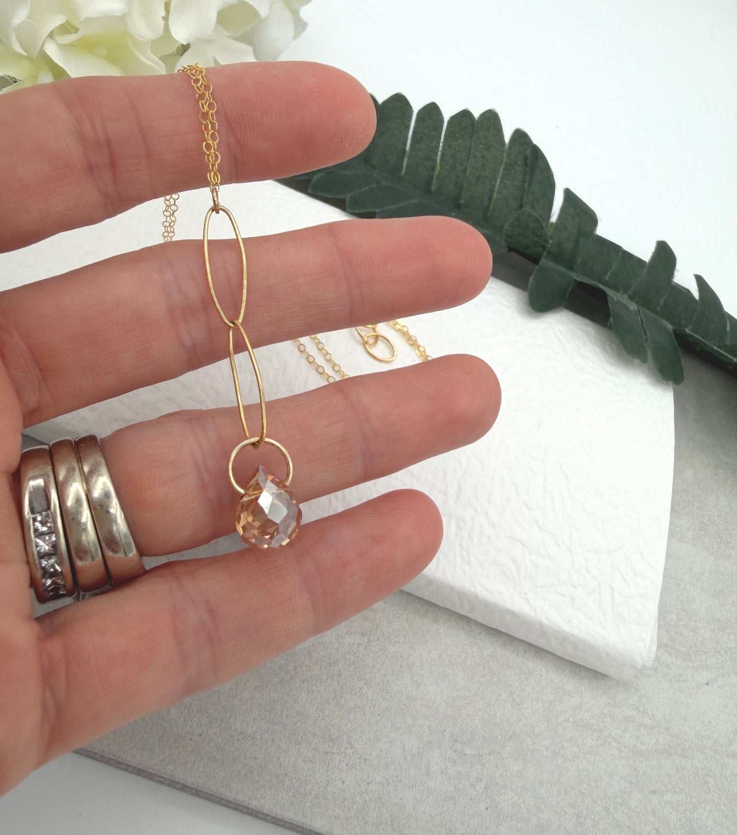Necklace with a Gold Crystal Teardrop on a Gold Filled Oval Chain and Gold Filled Cable Chain GCDN-216