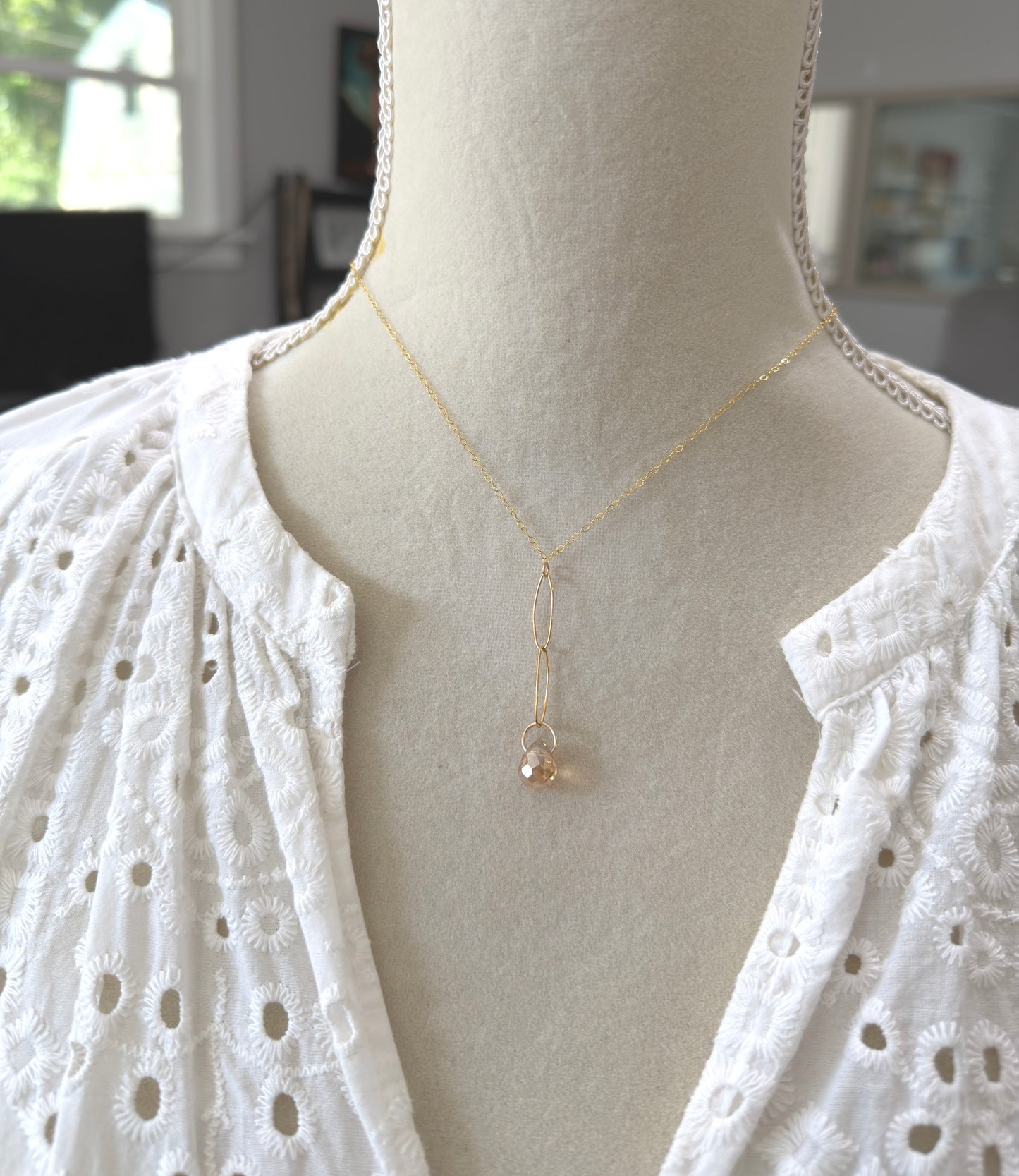 Necklace with a Gold Crystal Teardrop on a Gold Filled Oval Chain and Gold Filled Cable Chain GCDN-216