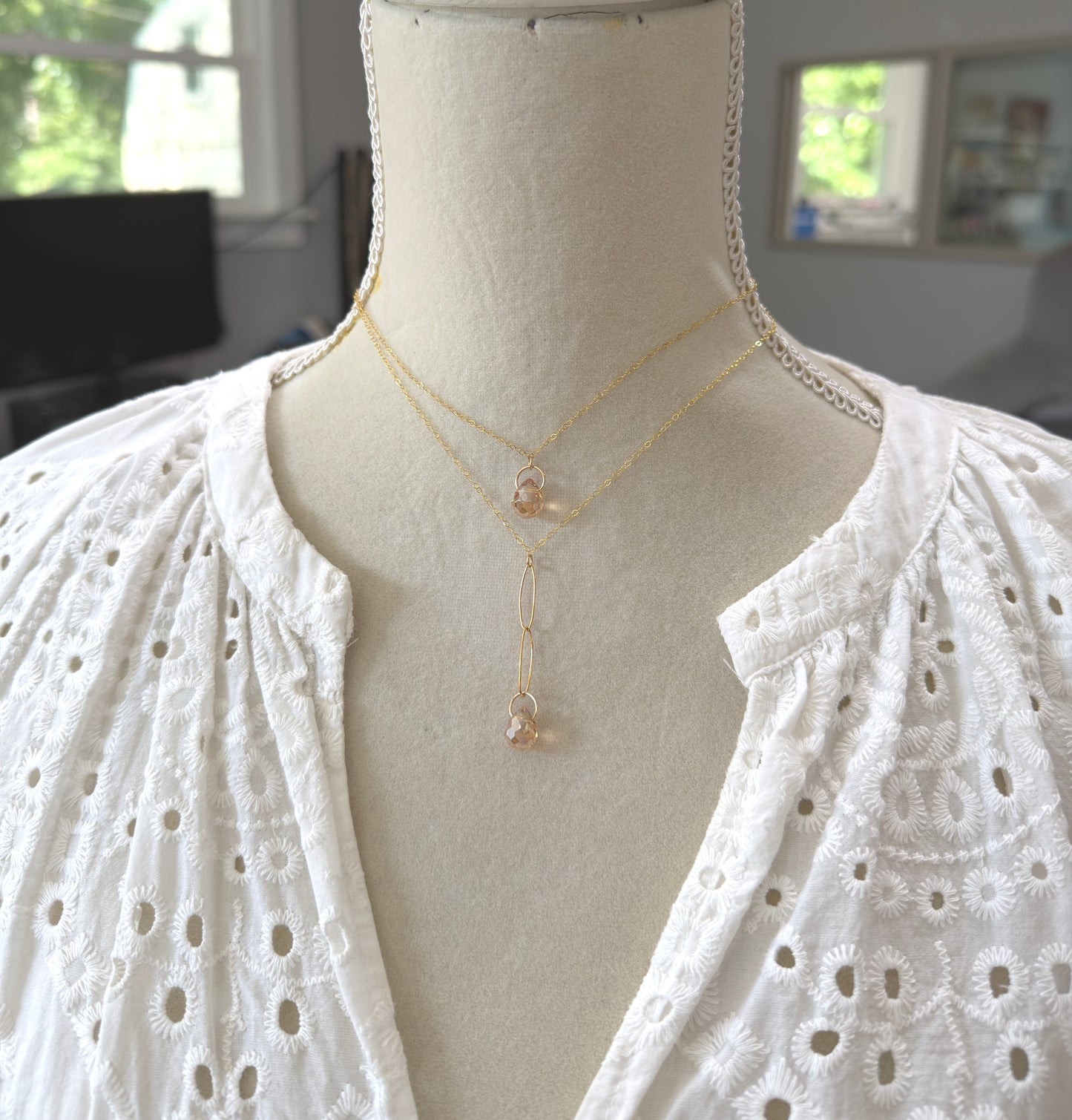 Necklace with a Gold Crystal Teardrop on a Gold Filled Oval Chain and Gold Filled Cable Chain GCDN-216