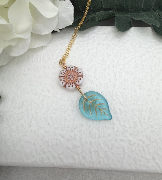 Necklace with a Pink,  Czech Glass Flower and Blue, Czech Glass Leaf GCDN-219