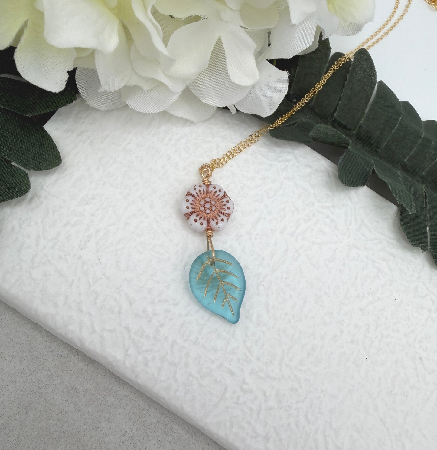 Necklace with a Pink,  Czech Glass Flower and Blue, Czech Glass Leaf GCDN-219