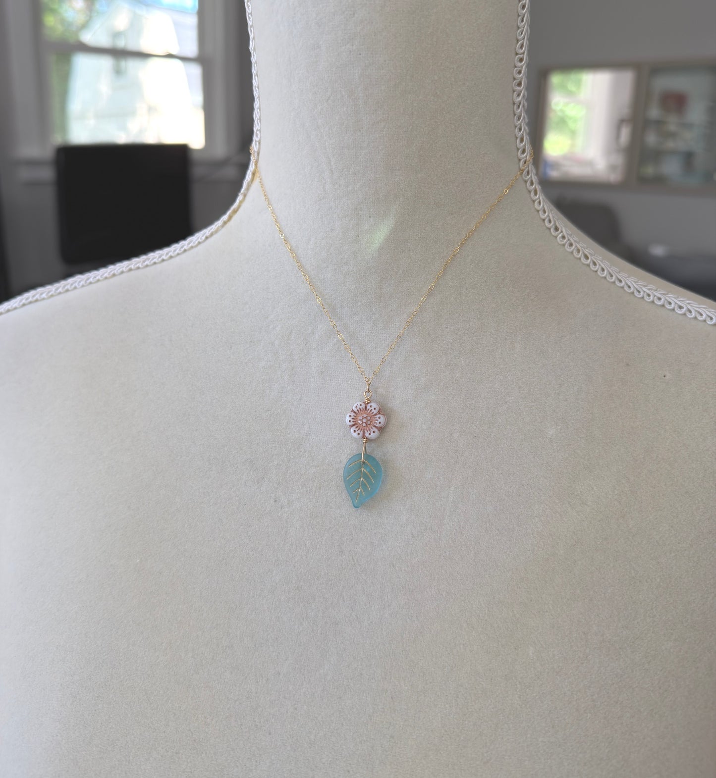 Necklace with a Pink,  Czech Glass Flower and Blue, Czech Glass Leaf GCDN-219