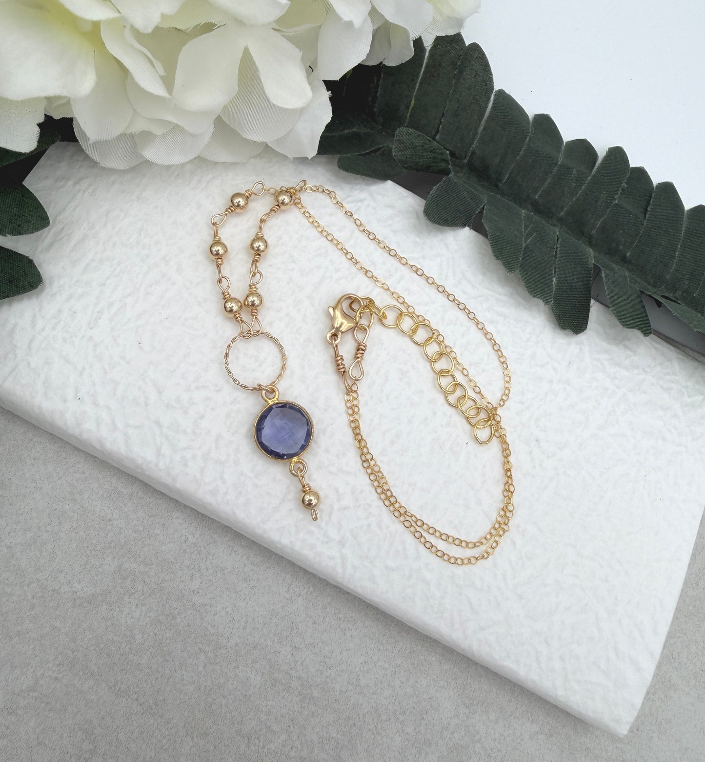 Necklace with a Gold Filled Braided Loop, Gold Filled Beads and Bezel Set Iolite GCDN-220