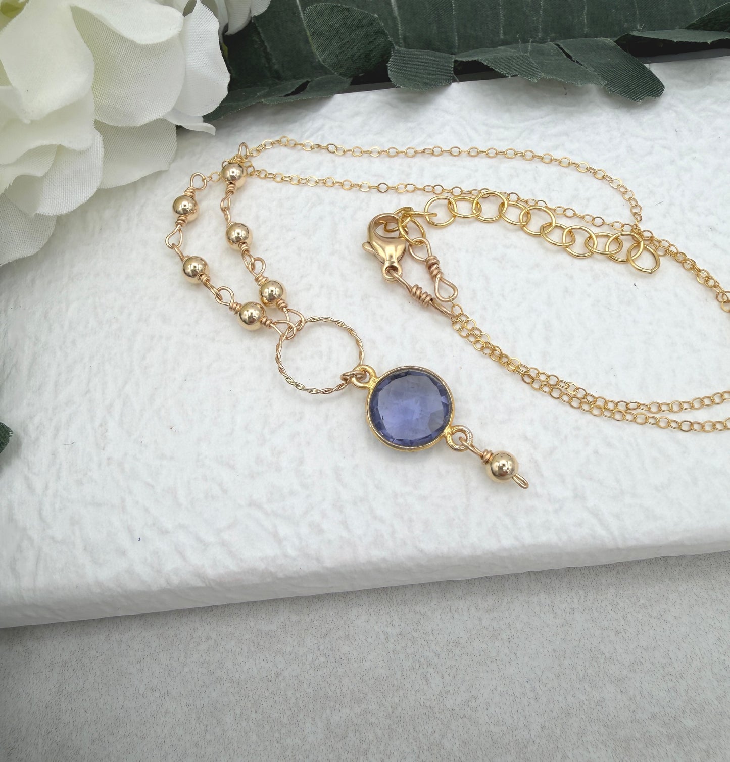 Necklace with a Gold Filled Braided Loop, Gold Filled Beads and Bezel Set Iolite GCDN-220