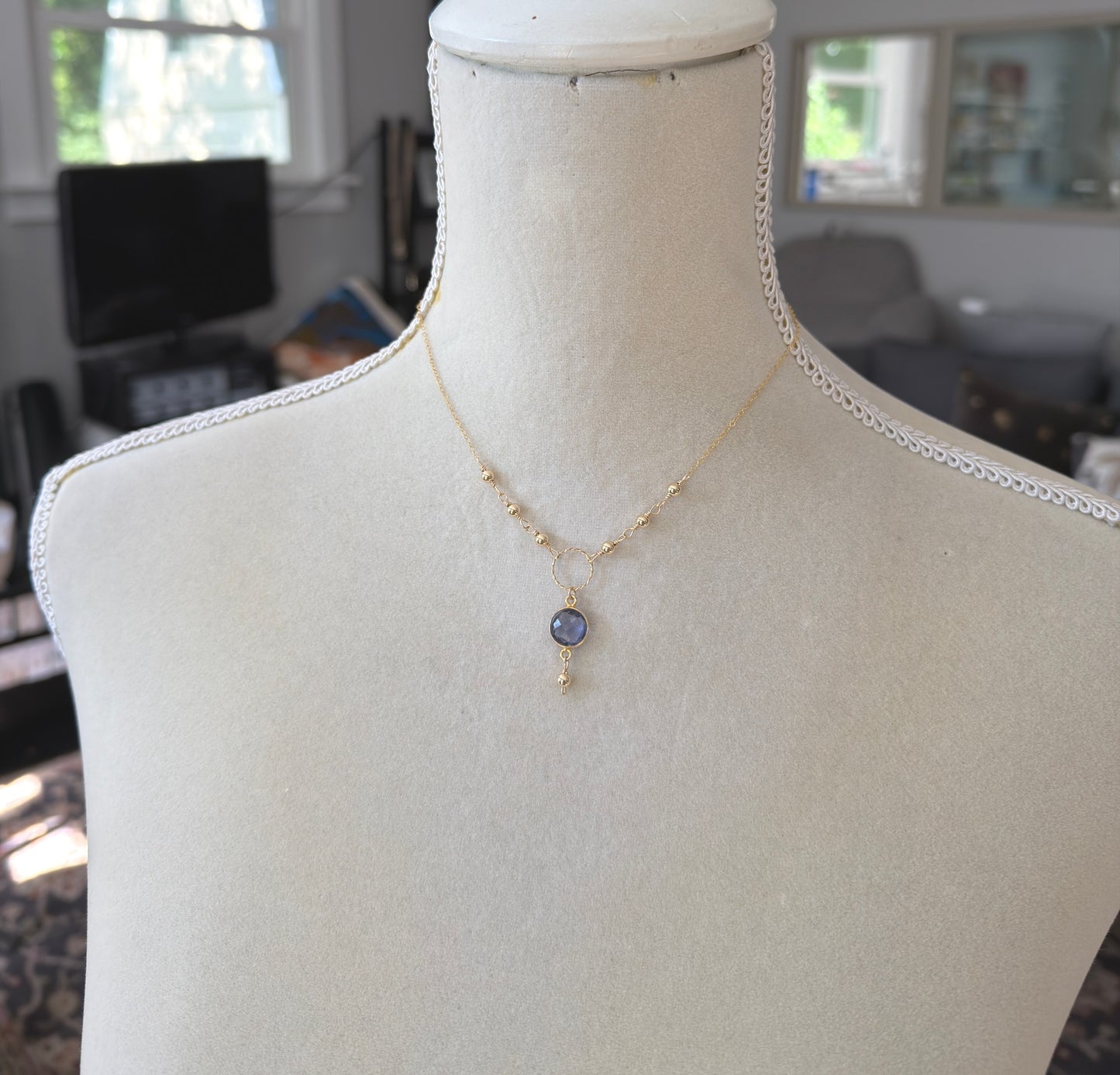 Necklace with a Gold Filled Braided Loop, Gold Filled Beads and Bezel Set Iolite GCDN-220