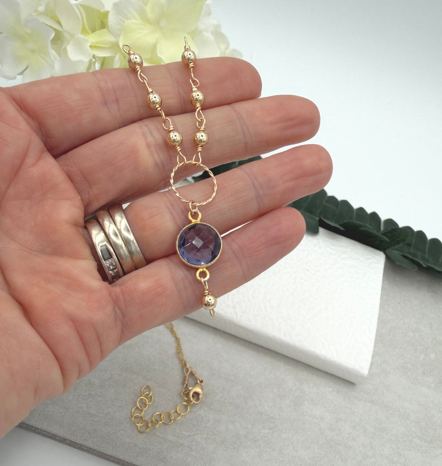 Necklace with a Gold Filled Braided Loop, Gold Filled Beads and Bezel Set Iolite GCDN-220