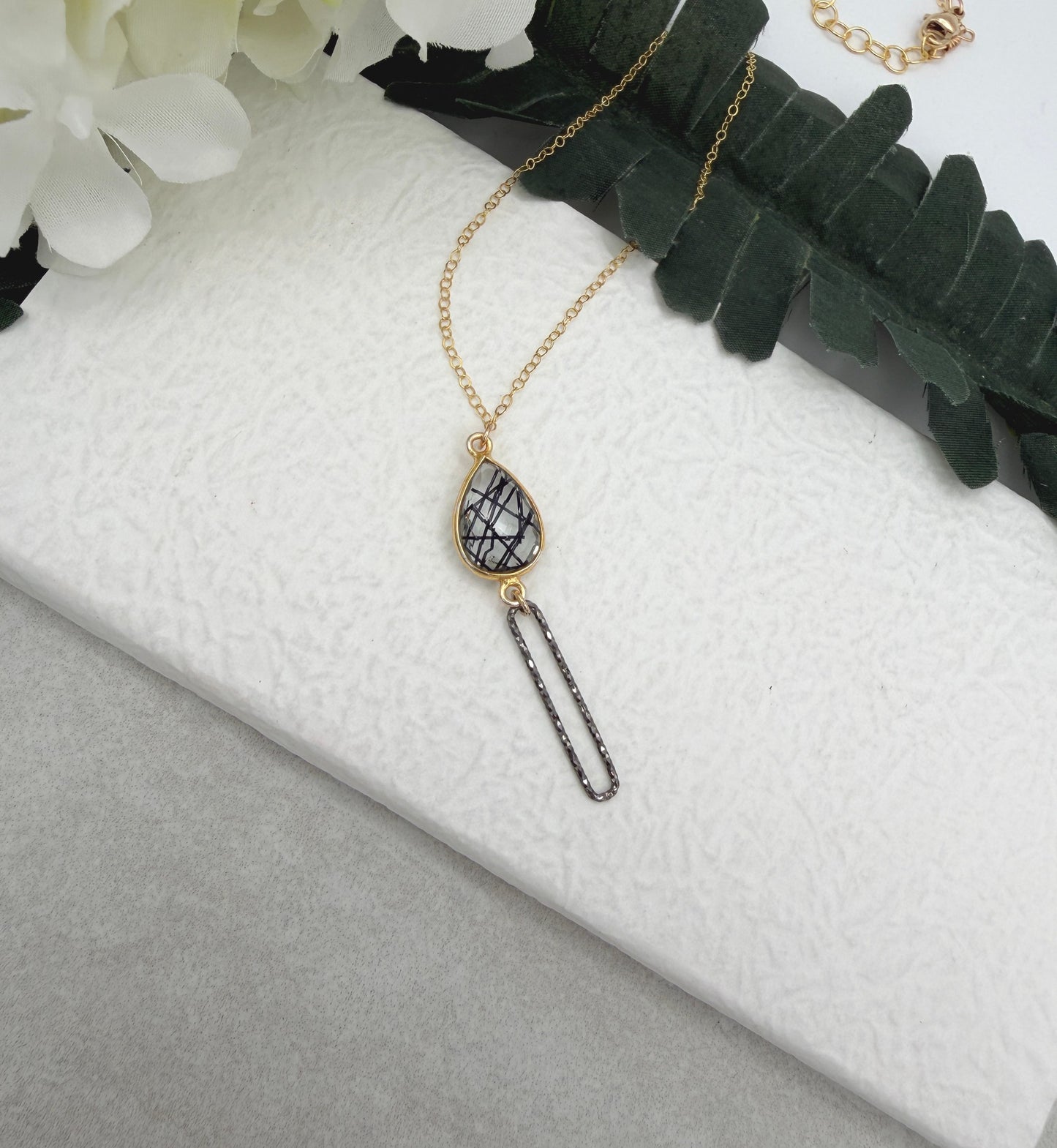 Necklace with a Bezel Set Rutilated Quartz and Oxidized Silver Paperclip Loop GCDN-221