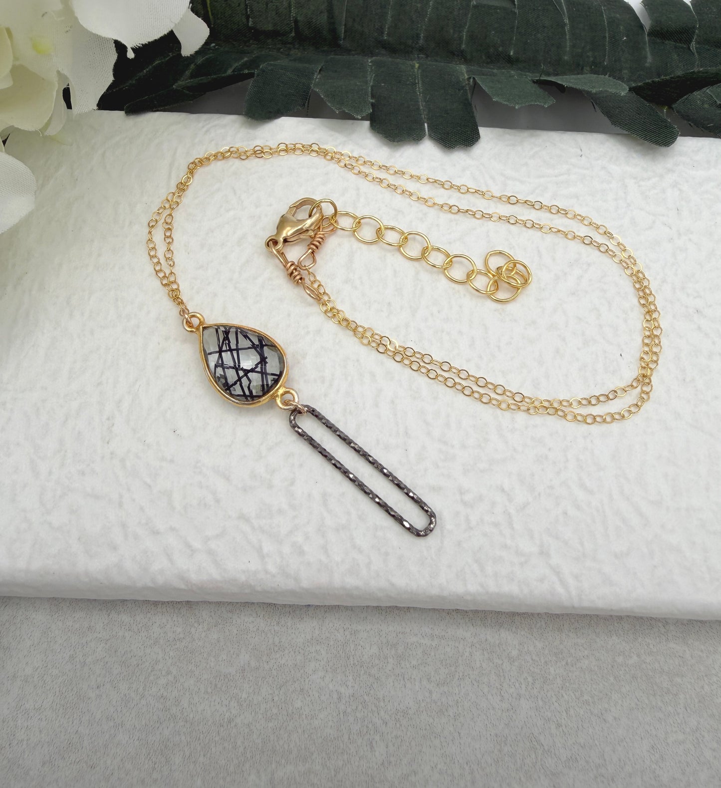 Necklace with a Bezel Set Rutilated Quartz and Oxidized Silver Paperclip Loop GCDN-221