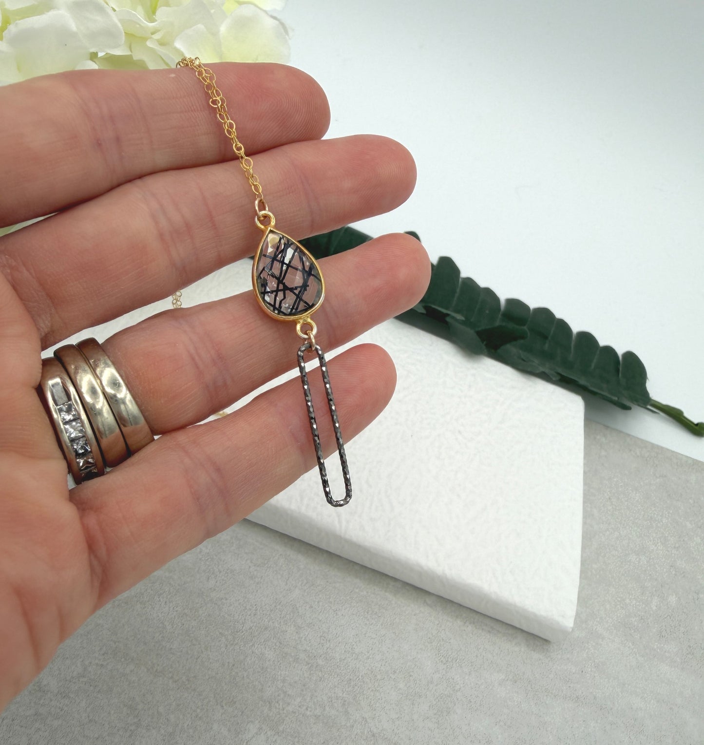 Necklace with a Bezel Set Rutilated Quartz and Oxidized Silver Paperclip Loop GCDN-221