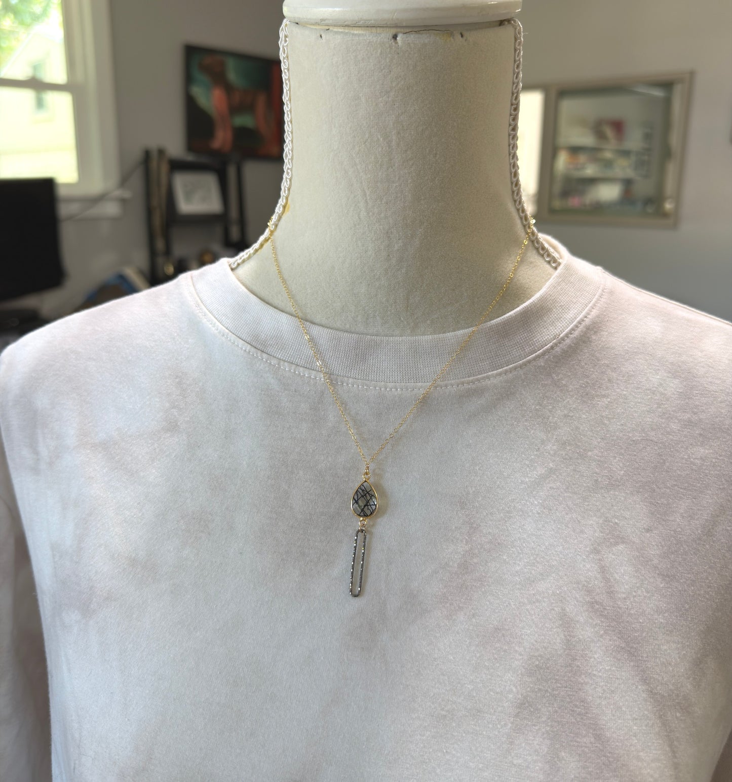 Necklace with a Bezel Set Rutilated Quartz and Oxidized Silver Paperclip Loop GCDN-221