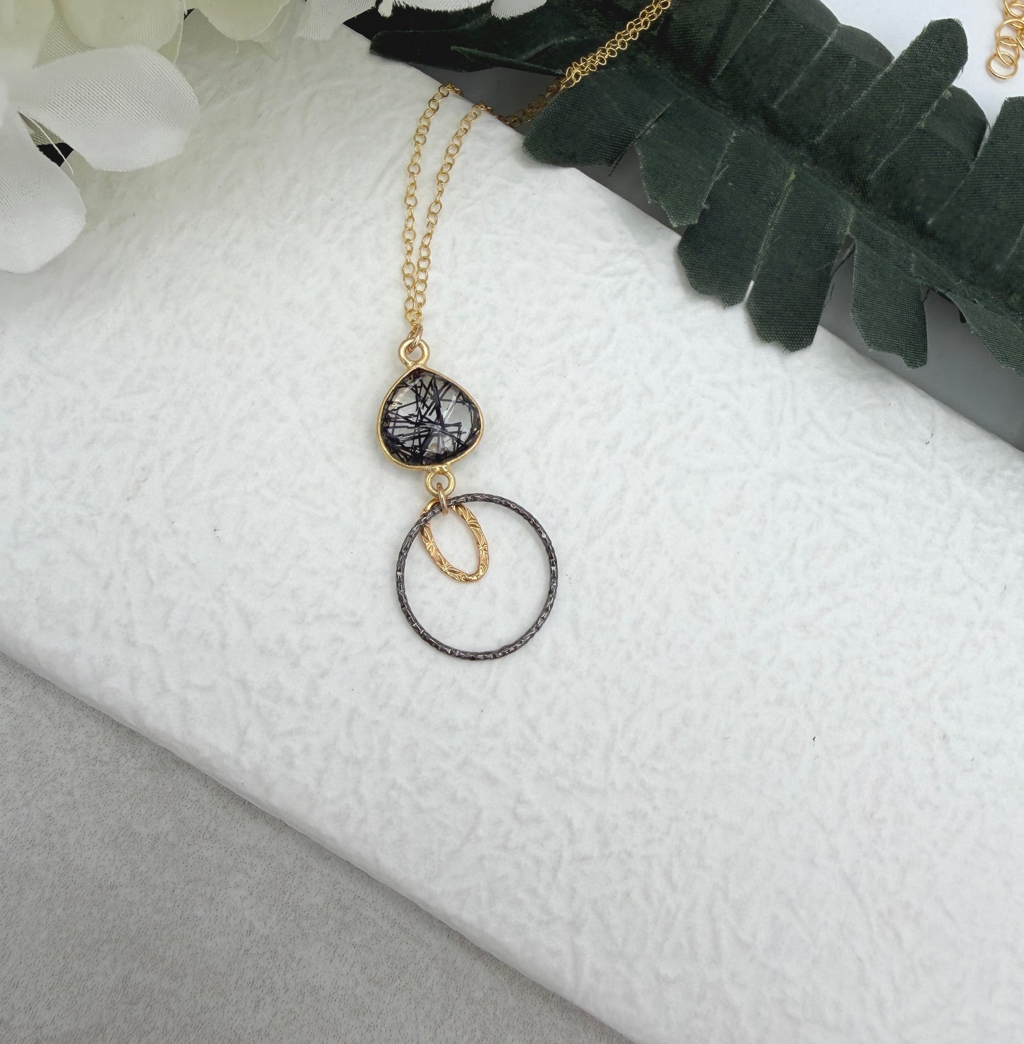 Necklace with a Bezel Set Rutilated Quartz, a Gold Filled Link and Oxidized Silver Loop GCDN-222