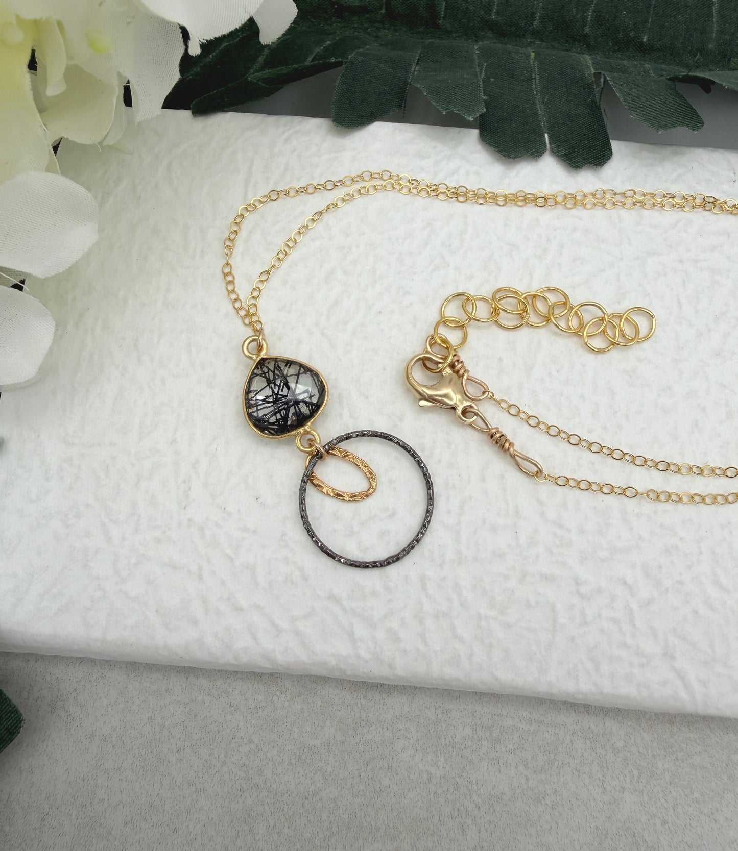 Necklace with a Bezel Set Rutilated Quartz, a Gold Filled Link and Oxidized Silver Loop GCDN-222