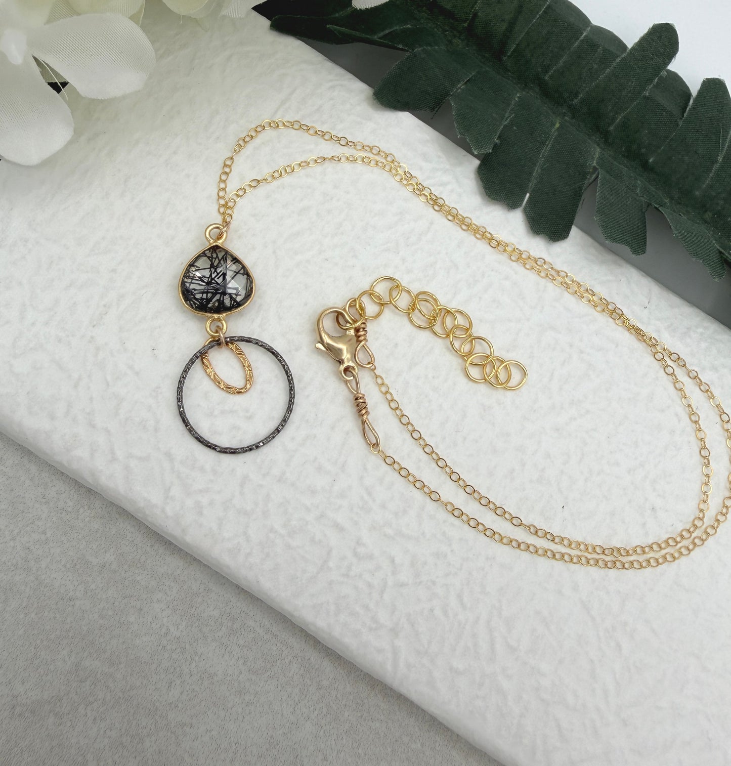 Necklace with a Bezel Set Rutilated Quartz, a Gold Filled Link and Oxidized Silver Loop GCDN-222
