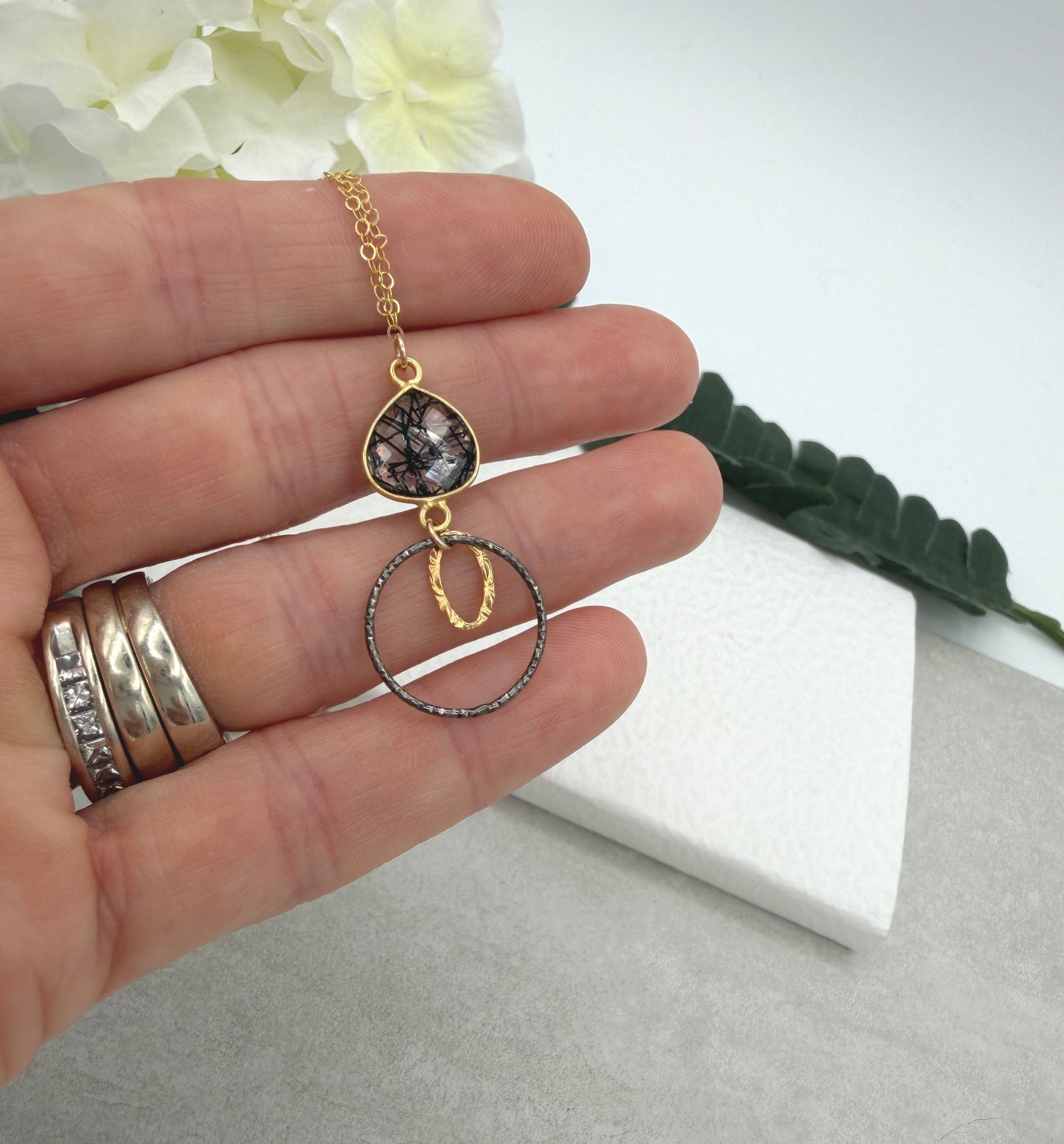 Necklace with a Bezel Set Rutilated Quartz, a Gold Filled Link and Oxidized Silver Loop GCDN-222