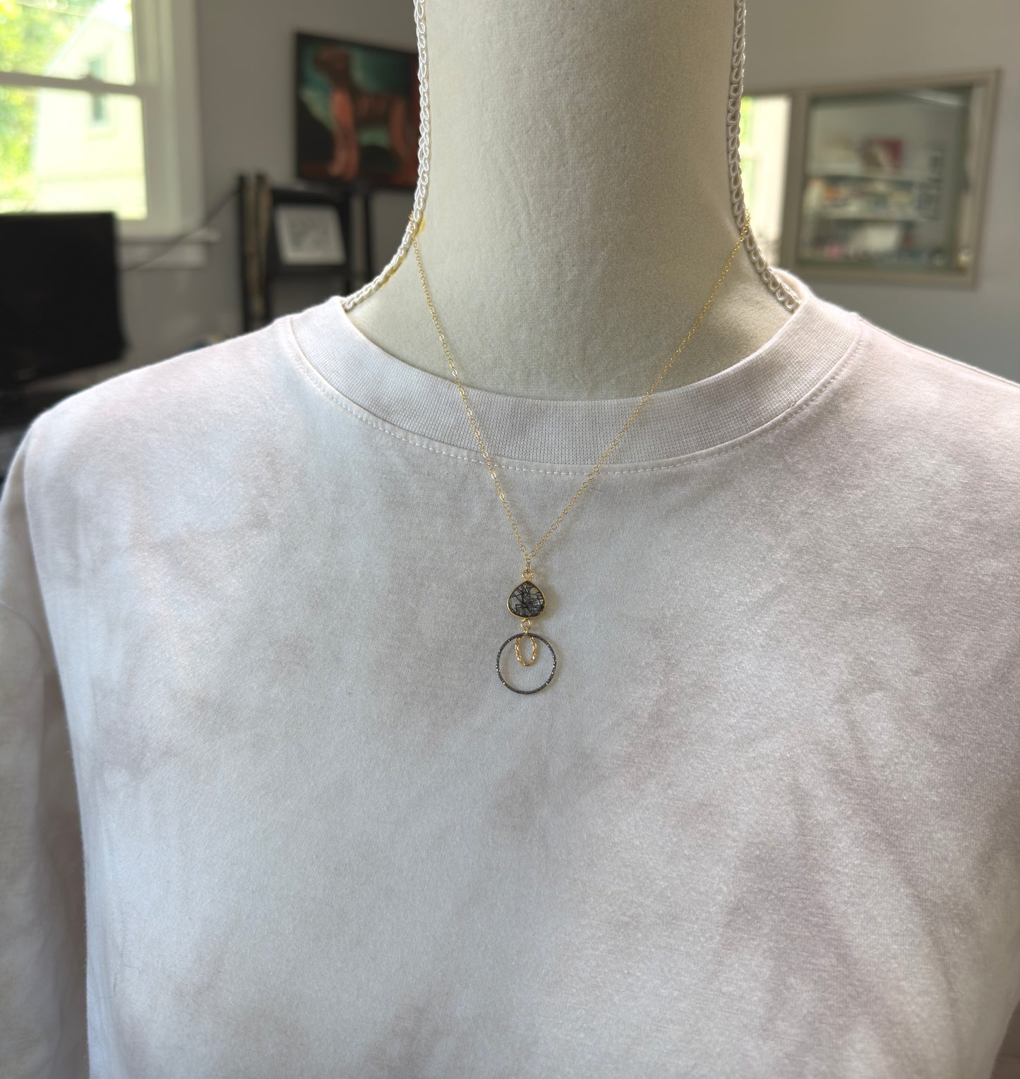 Necklace with a Bezel Set Rutilated Quartz, a Gold Filled Link and Oxidized Silver Loop GCDN-222