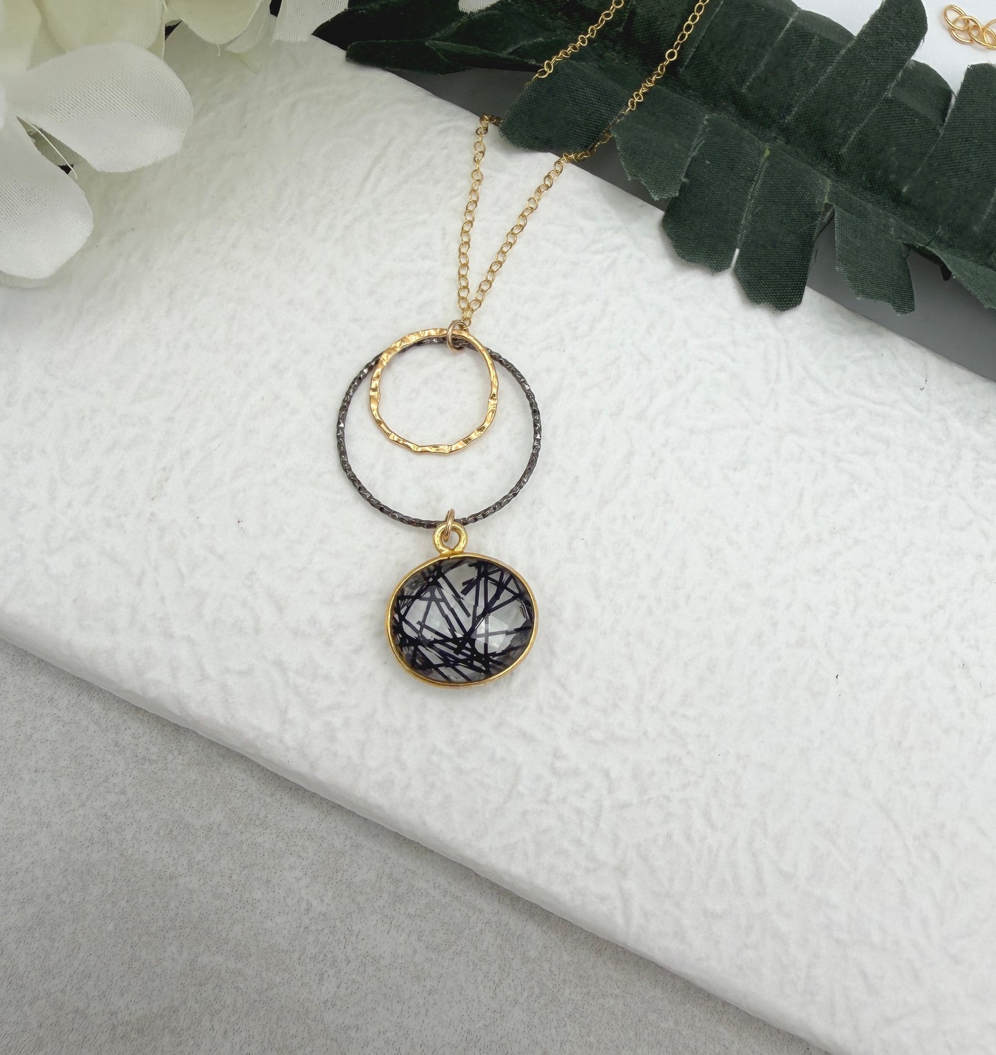 Necklace with a Bezel Set Rutilated Quartz, a Gold Filled Link and Oxidized Silver Loop GCDN-223