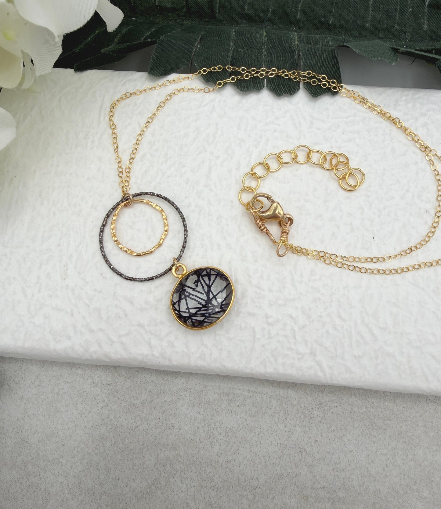 Necklace with a Bezel Set Rutilated Quartz, a Gold Filled Link and Oxidized Silver Loop GCDN-223