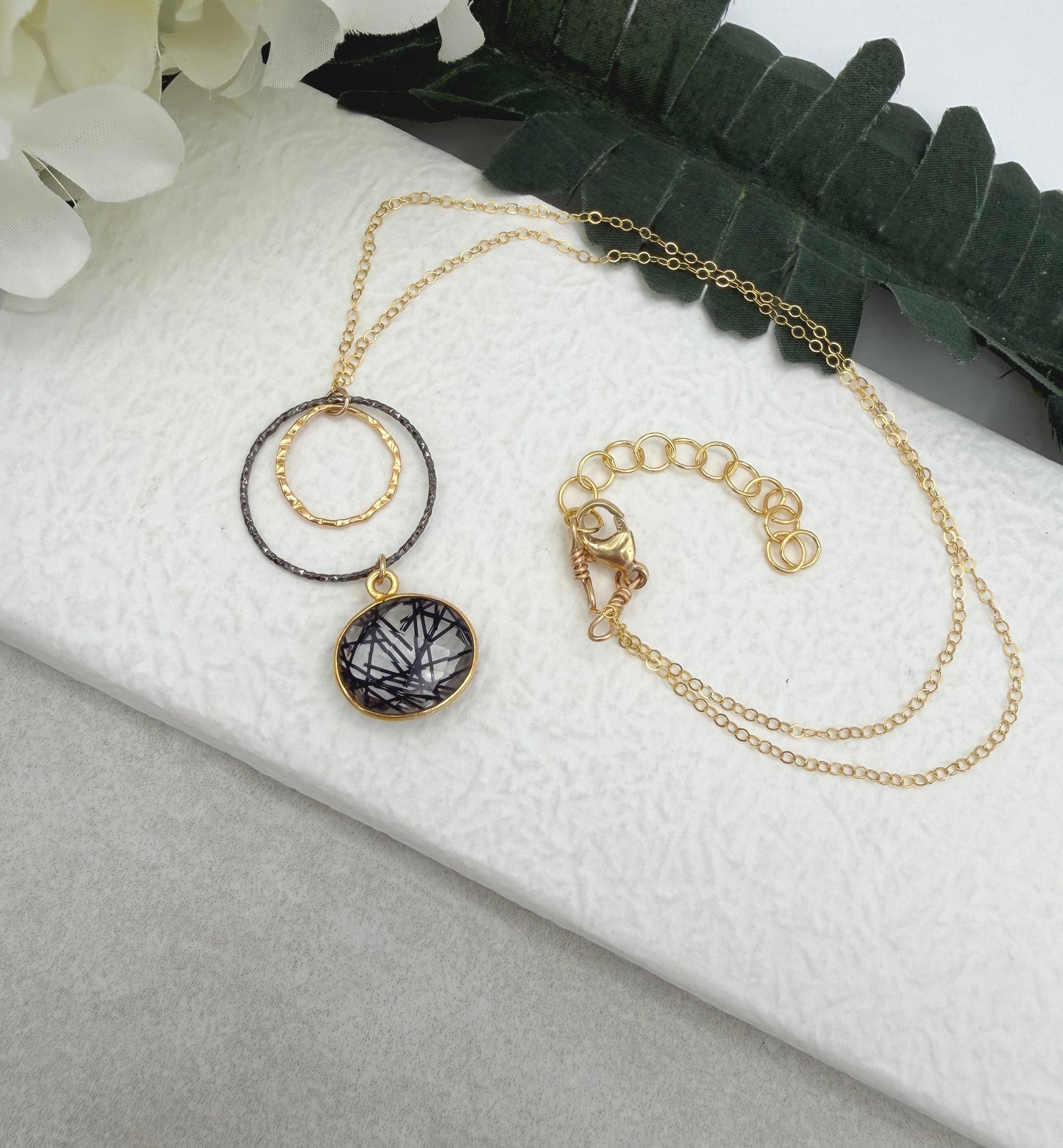 Necklace with a Bezel Set Rutilated Quartz, a Gold Filled Link and Oxidized Silver Loop GCDN-223