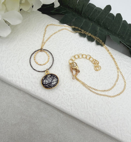 Necklace with a Bezel Set Rutilated Quartz, a Gold Filled Link and Oxidized Silver Loop GCDN-223