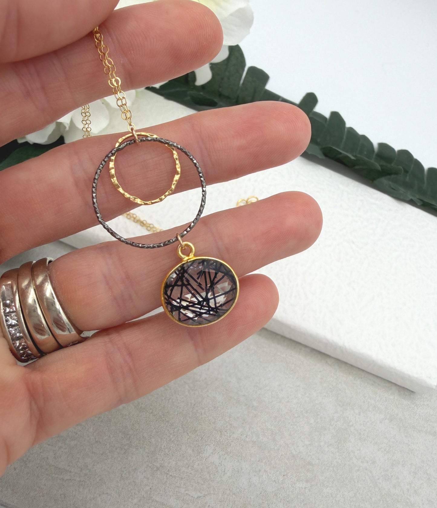 Necklace with a Bezel Set Rutilated Quartz, a Gold Filled Link and Oxidized Silver Loop GCDN-223