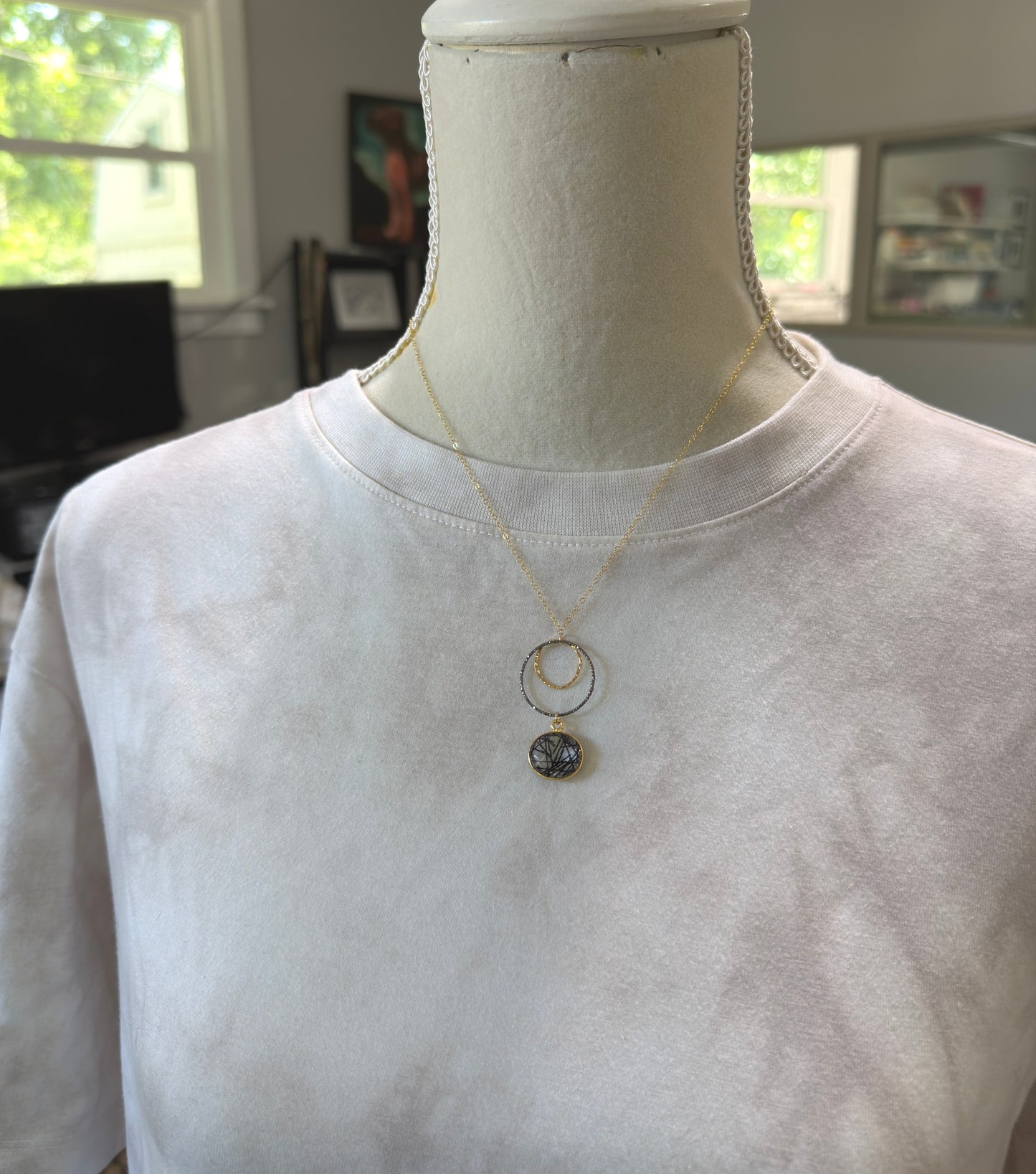 Necklace with a Bezel Set Rutilated Quartz, a Gold Filled Link and Oxidized Silver Loop GCDN-223