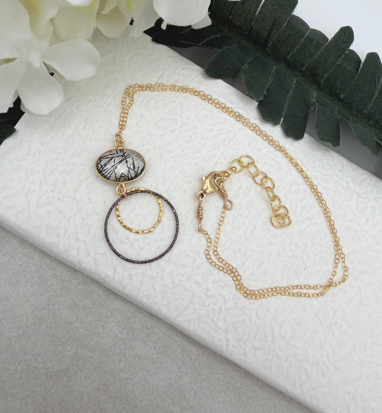 Necklace with a Bezel Set Rutilated Quartz, a Gold Filled Link and Oxidized Silver Loop GCDN-224