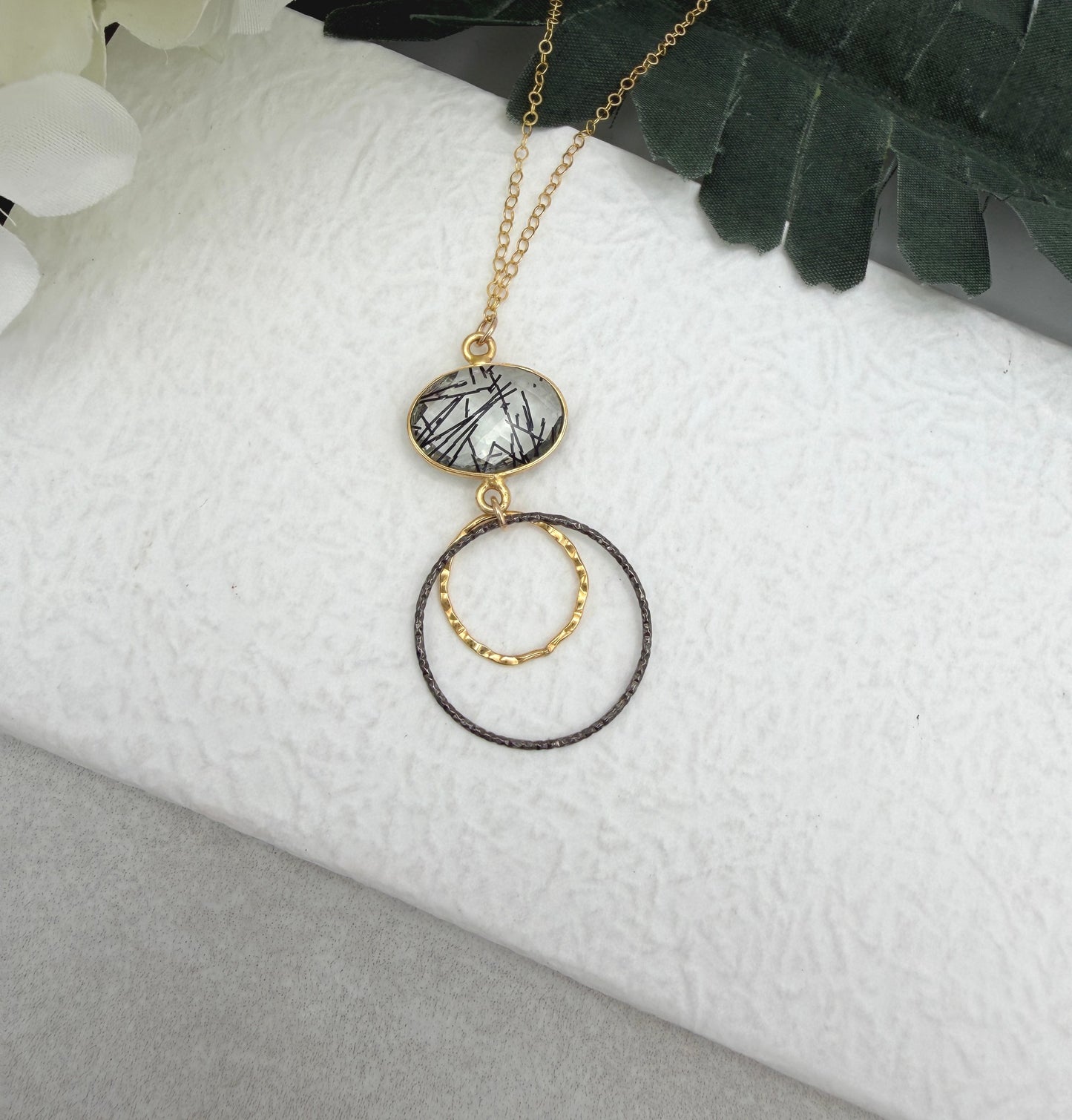 Necklace with a Bezel Set Rutilated Quartz, a Gold Filled Link and Oxidized Silver Loop GCDN-224