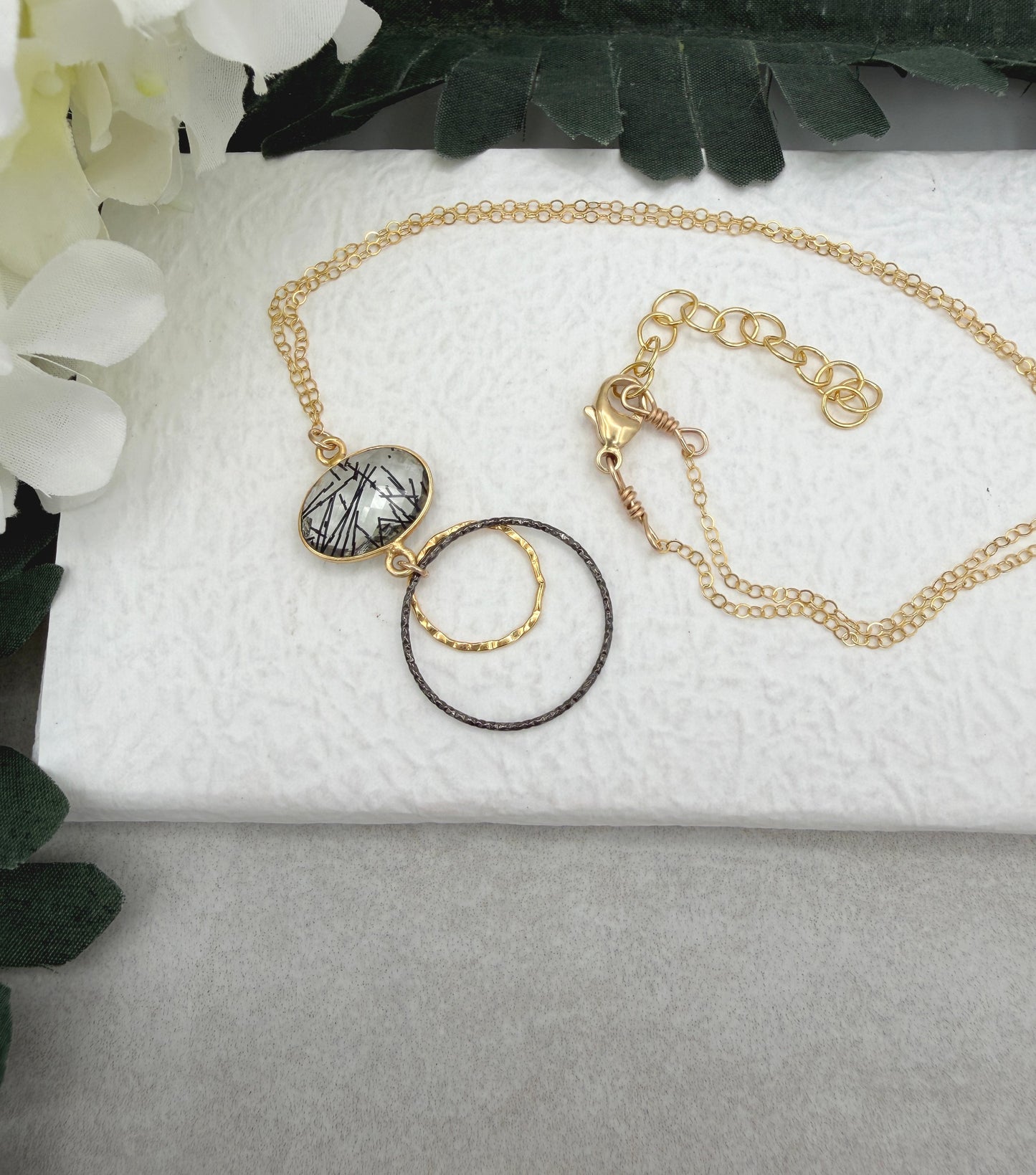 Necklace with a Bezel Set Rutilated Quartz, a Gold Filled Link and Oxidized Silver Loop GCDN-224