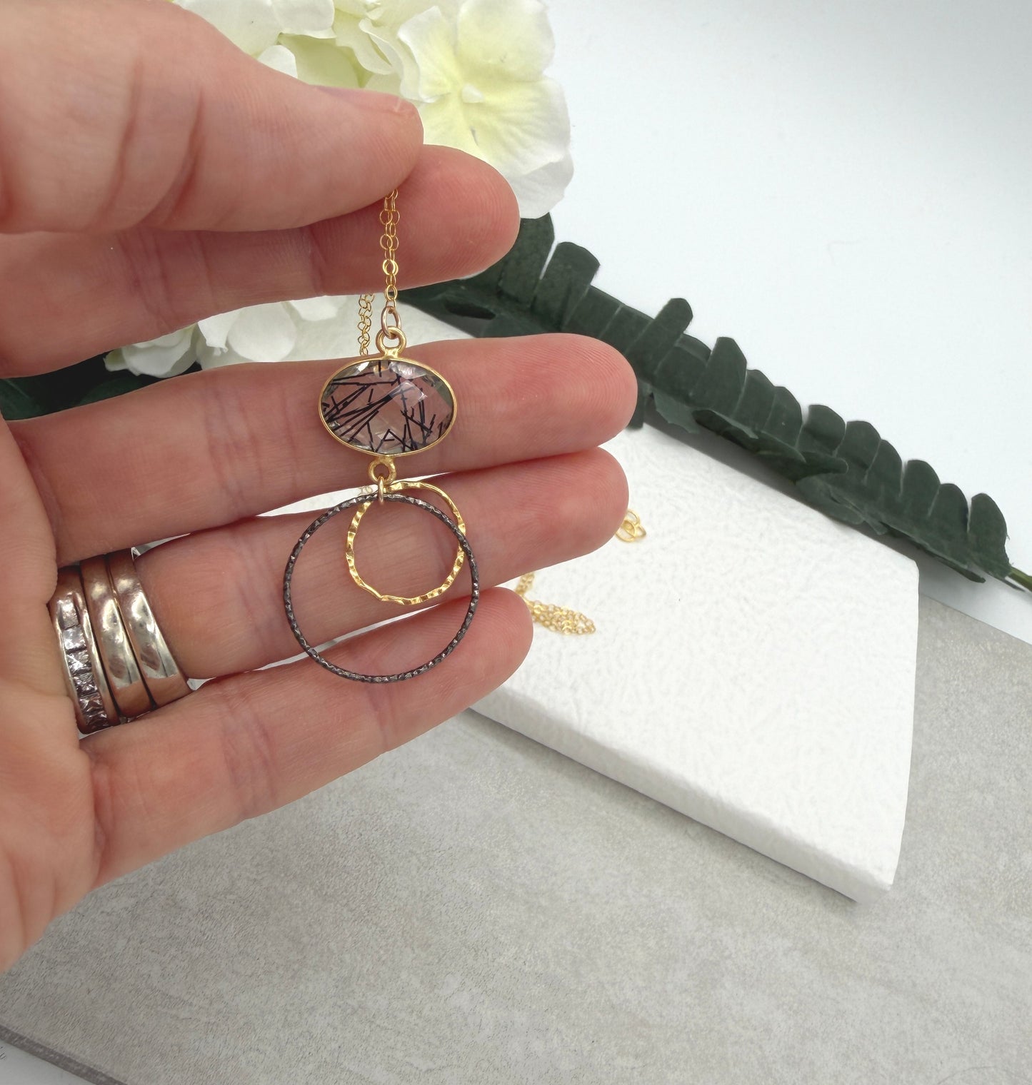 Necklace with a Bezel Set Rutilated Quartz, a Gold Filled Link and Oxidized Silver Loop GCDN-224